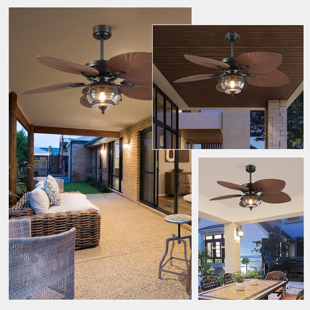 Wiviniya 52 Inch Tropical Ceiling Fans with Lights and Remote, Palm Leaf Waterproof Outdoor Ceiling Fan for Patios Porches Gazebos, Wet Rated, Glass Lampshade, Quiet DC Motor, Brown (Bulb Included)