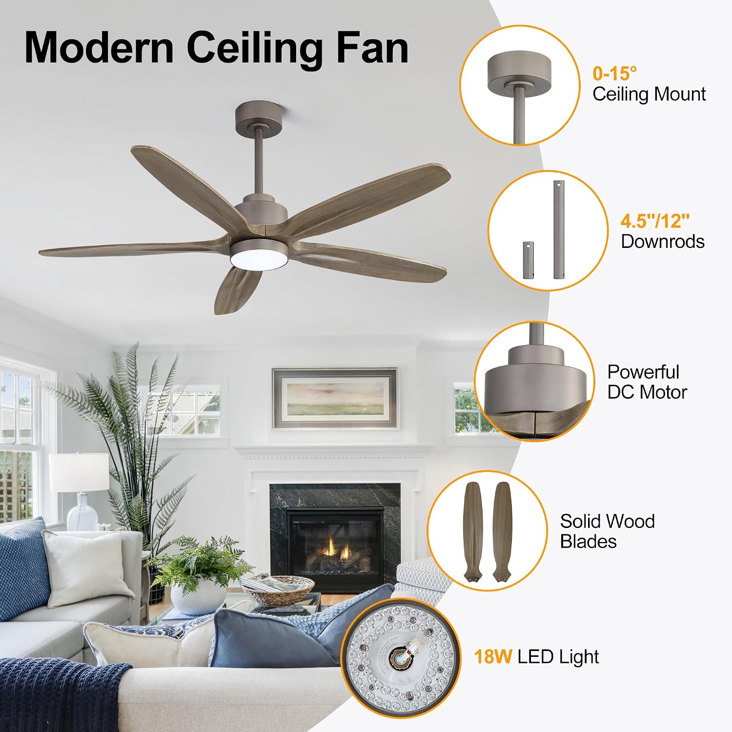 WINGBO 54' Ceiling Fan with Light - 5 Carved Solid Wood Blades, 6-Speed Reversible DC Motor, Dimmable, 3CCT, Noiseless Remote Control Ceiling Fans with Lights for Bedroom Living Room, Charcoal Gray