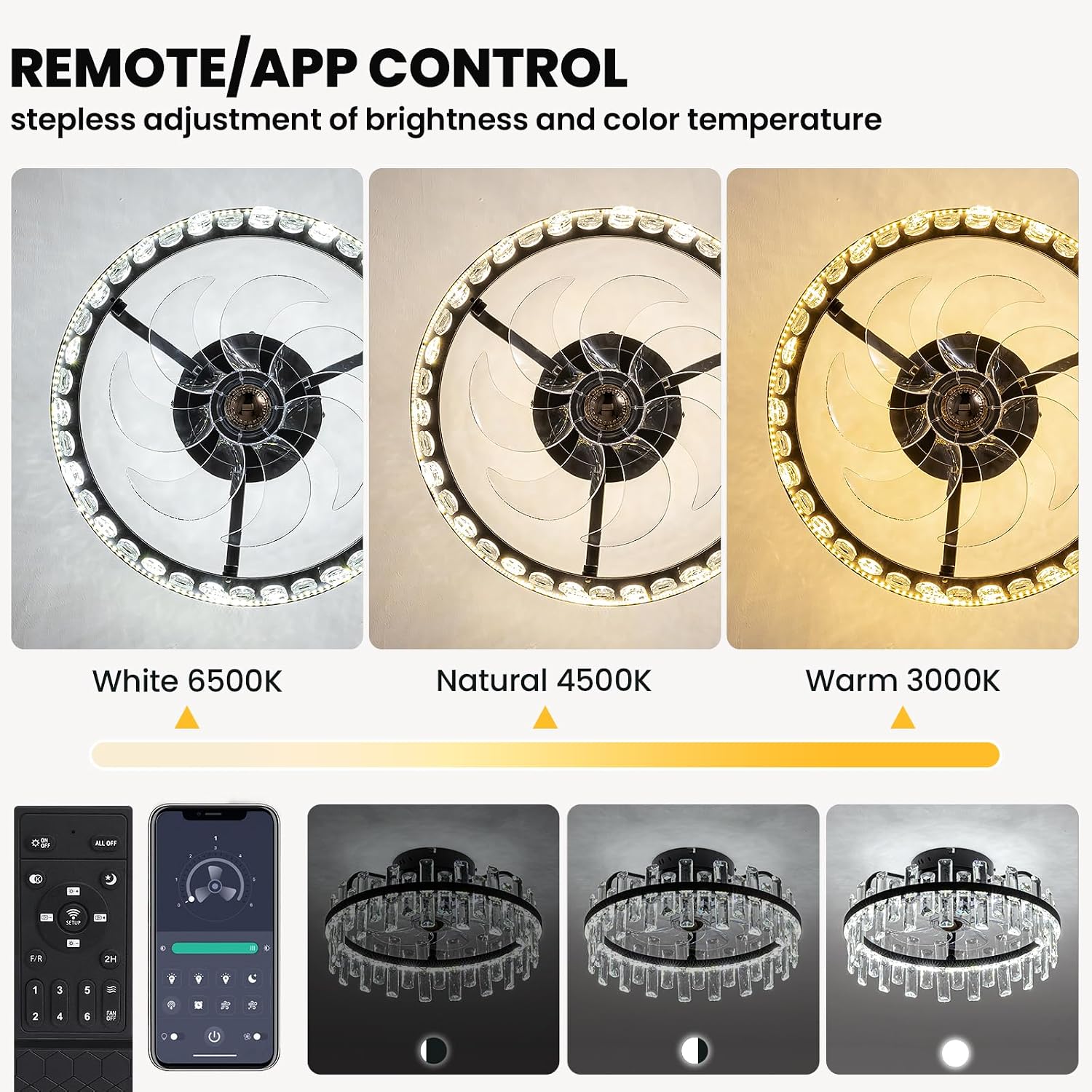 20' Crystal Ceiling Fans with Lights Remote Control Dimmable 6 Speeds Reverible Timer Black Fandelier for Bedroom Dining Room Living Room
