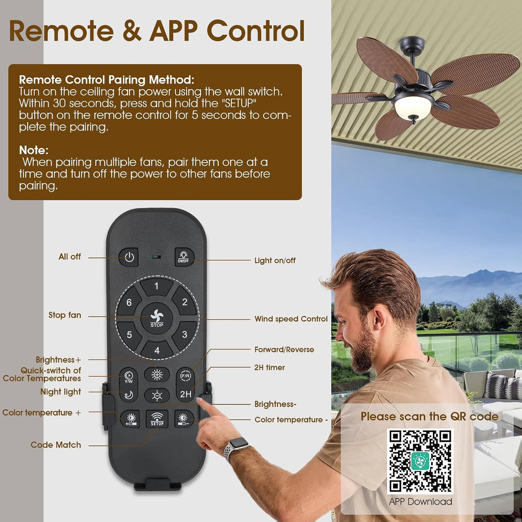 Wiviniya 50 Inch Tropical Ceiling Fans with Lights, Palm Leaf Waterproof Outdoor Ceiling Fan for Patios Porch, Remote/APP Control, Wet Rated, Glass Lampshade, Quiet DC Motor, Dimmable LED, Brown