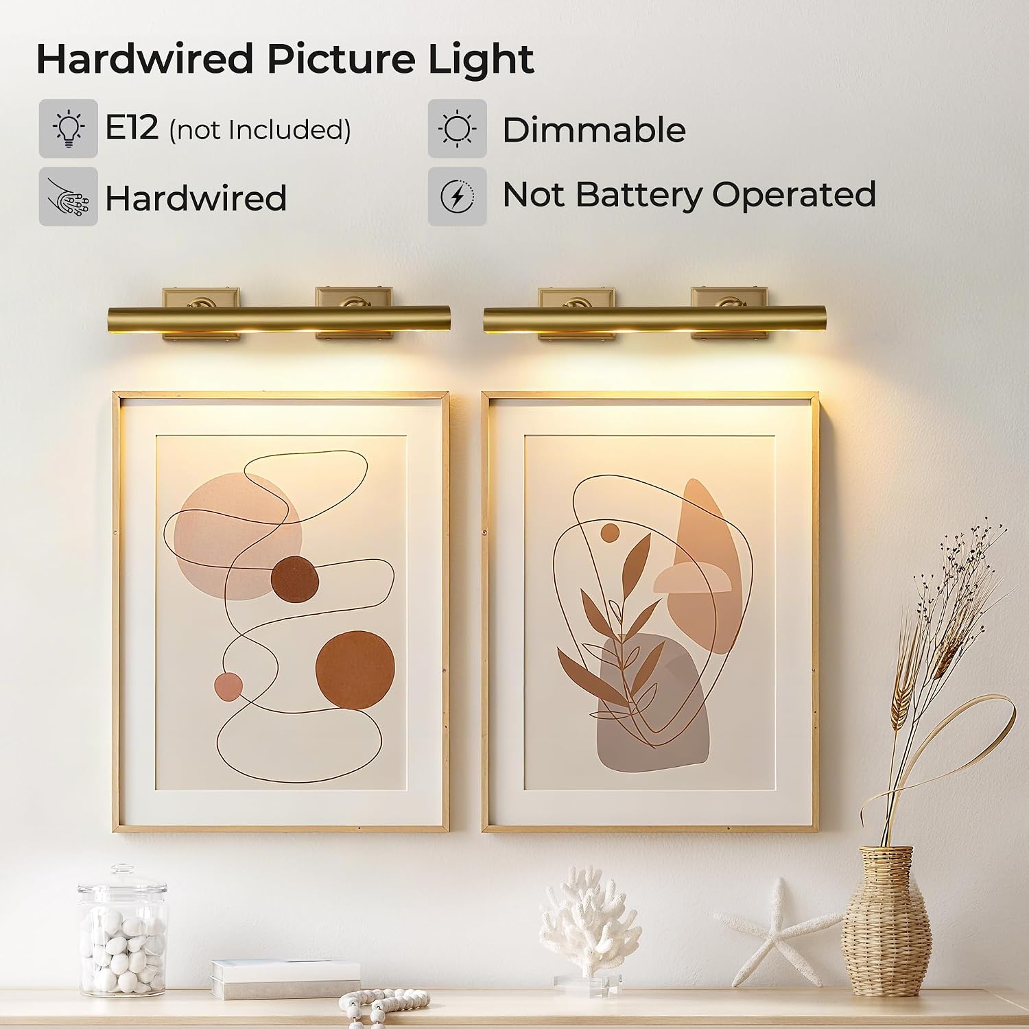 Picture Light, 24in Hardwired Picture Lights for Wall, Dimmable Wall Sconces Poster Light, Brass 4 Lighting for Paintings Frames Art Display Gallery Bedroom Living Room No Bulbs