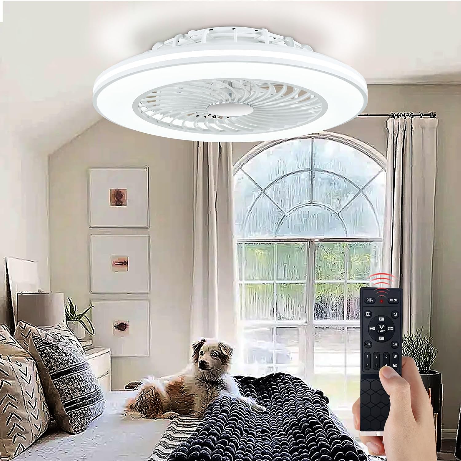 24'' Low Profile Bladeless Ceiling Fans with Lights, Remote/APP Control, 3CCT Dimmable, Flush Mount Ceiling Fan with 6-Speed Reversible for Bedroom Living Room