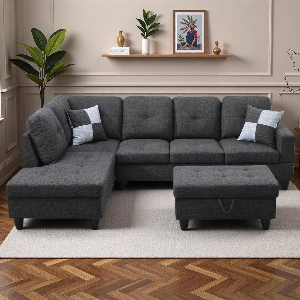103.5' Sectional Couches for Living Room, Leather 4 Seat L Shaped Couch with Chaise, 3-Piece Modular Sofa with Storage Ottoman, Home Furniture Sets for Apartment Office, Black Grey