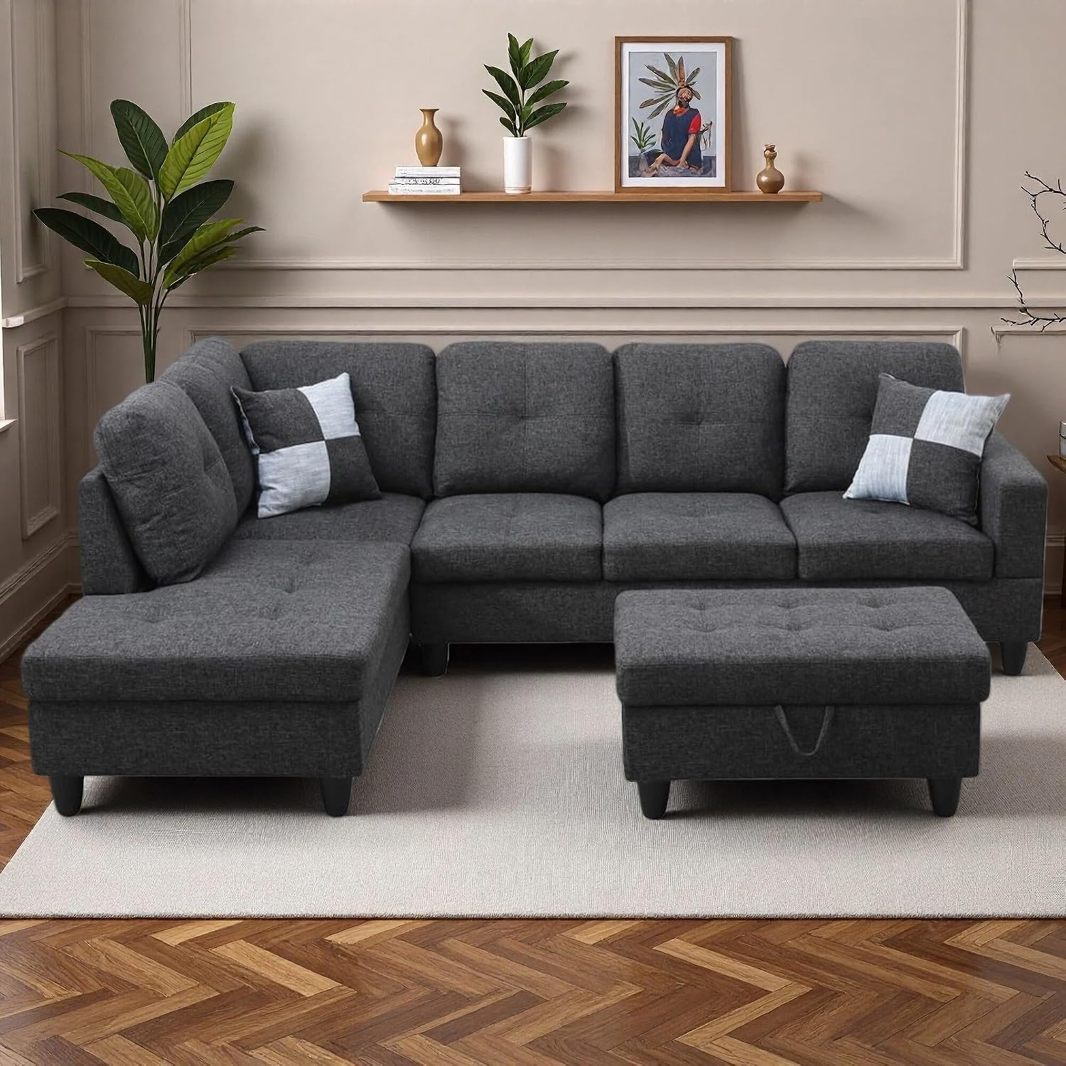 103.5' Sectional Couches for Living Room, Leather 4 Seat L Shaped Couch with Chaise, 3-Piece Modular Sofa with Storage Ottoman, Home Furniture Sets for Apartment Office, Black Grey