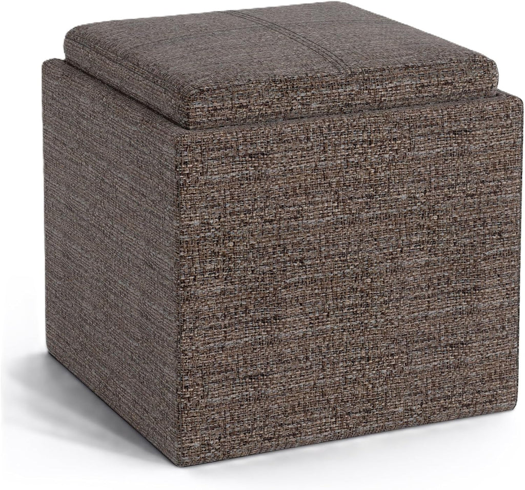 SIMPLIHOME Rockwood Cube Storage Ottoman with Tray - 17' Wide x 17' High Upholstered Tweed Look Fabric Square Storage Ottoman in Mink Brown,Contemporary Cube Ottoman for Living Room with Serving Tray
