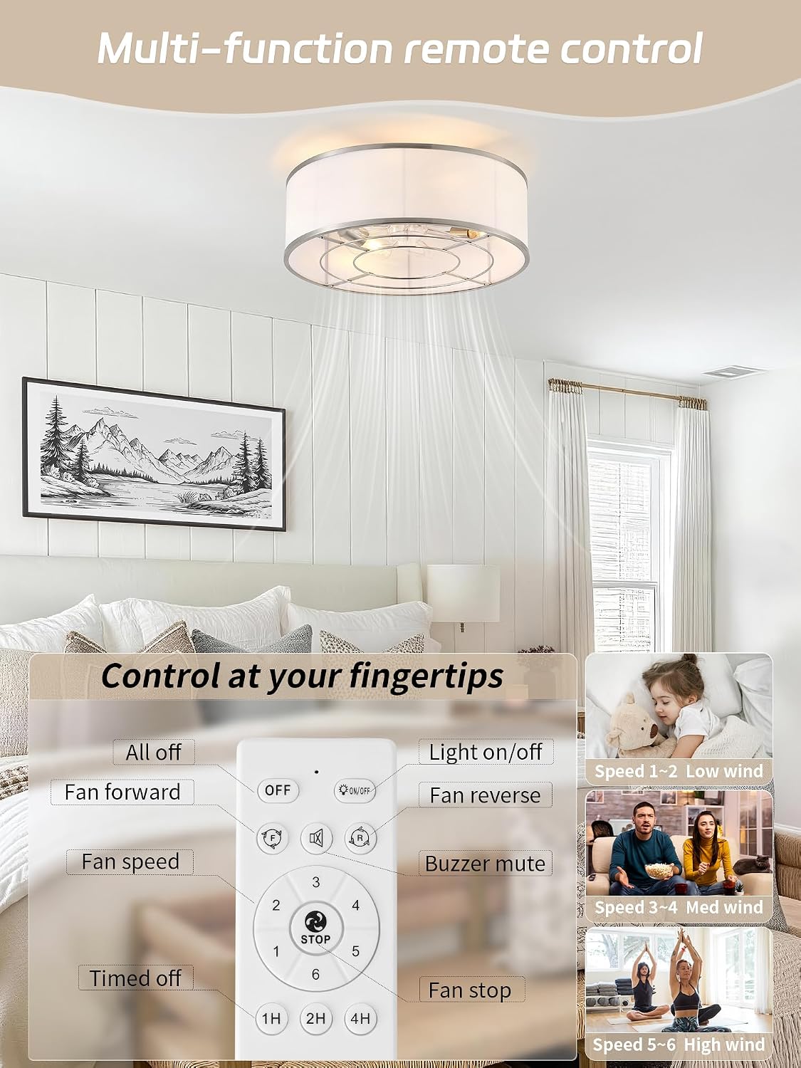 Caged Low Profile Ceiling Fans with Lights, Bladeless Ceiling Fan with lights Remote, Flush Mount Modern Enclosed with 6 Speeds for Bedroom, Kitchen (Nickel)