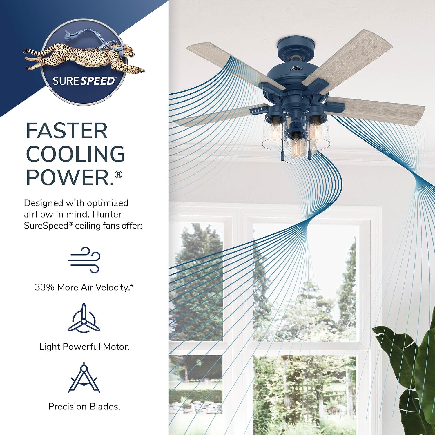 Hunter 44 inch Indoor Ceiling Fan with LED Lights - Ceiling Fan with Pull Chain, For Bedroom, Living Room, or Kitchen, Standard Mount, No Remote, 5 Blades - Hartland 50328, Indigo Blue