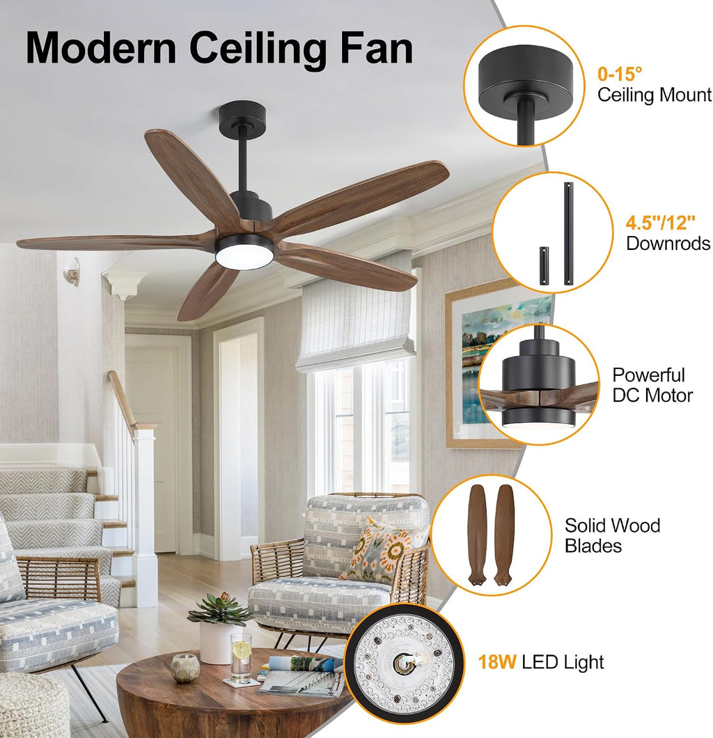 WINGBO 54' Ceiling Fan with Light - 5 Carved Solid Wood Blades, 6-Speed Reversible DC Motor, Dimmable, 3CCT, Noiseless Remote Control Ceiling Fans with Lights for Bedroom Living Room, Black and Wood