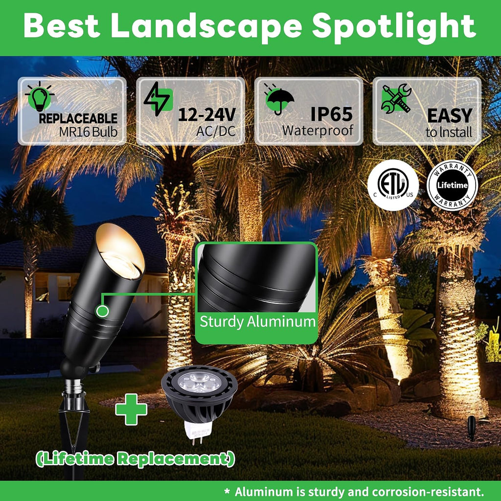 Black 12V Landscape Spotlight, LED Low Voltage Outdoor Light, Aluminum Uplight for Plant Fence Sign Outside Decoration with 5W MR16 Bulb 4000K 6 Pack