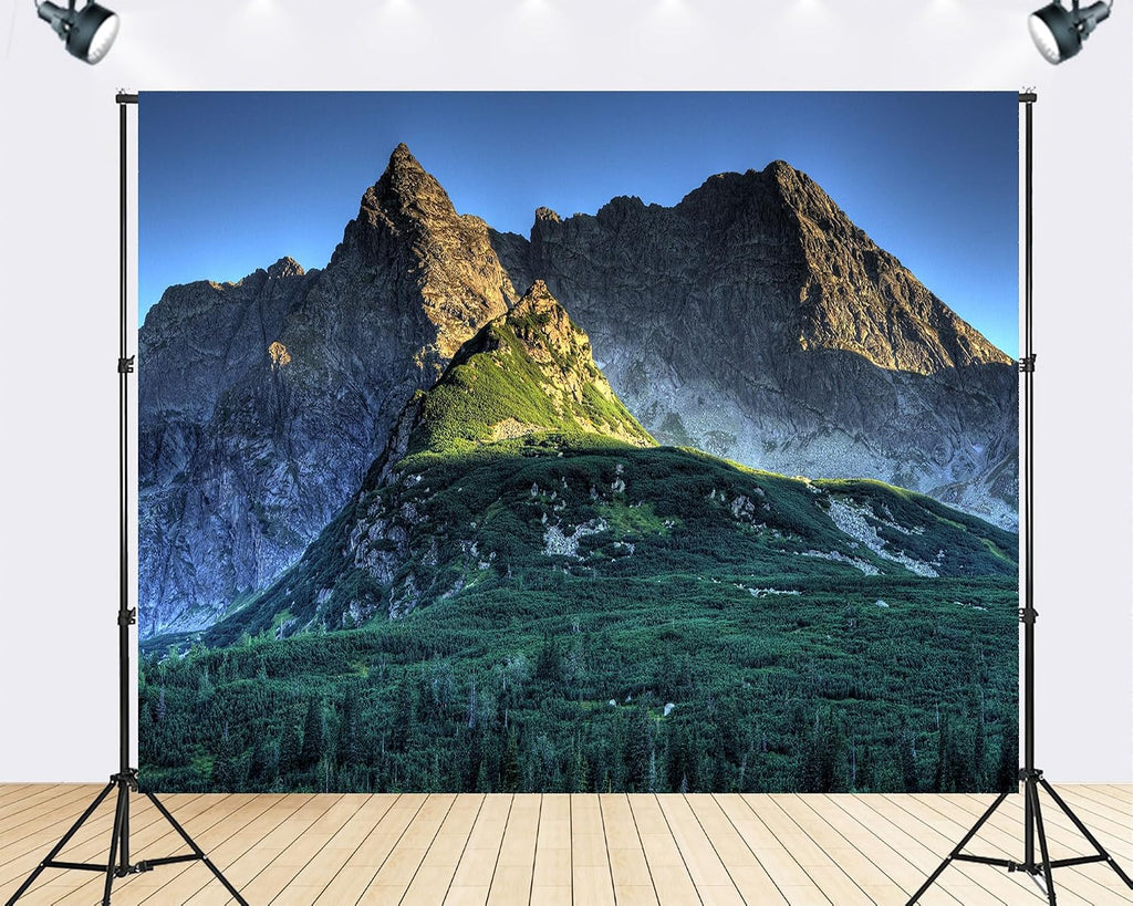 Trykid 20x10ft Jagged Mountain Peaks Backdrop Lush Green Slopes Dense Evergreen Forest Clear Blue Sky Photography Background Mountain Hiking Expedition Party Decoration Photo Booth Prop Fabric