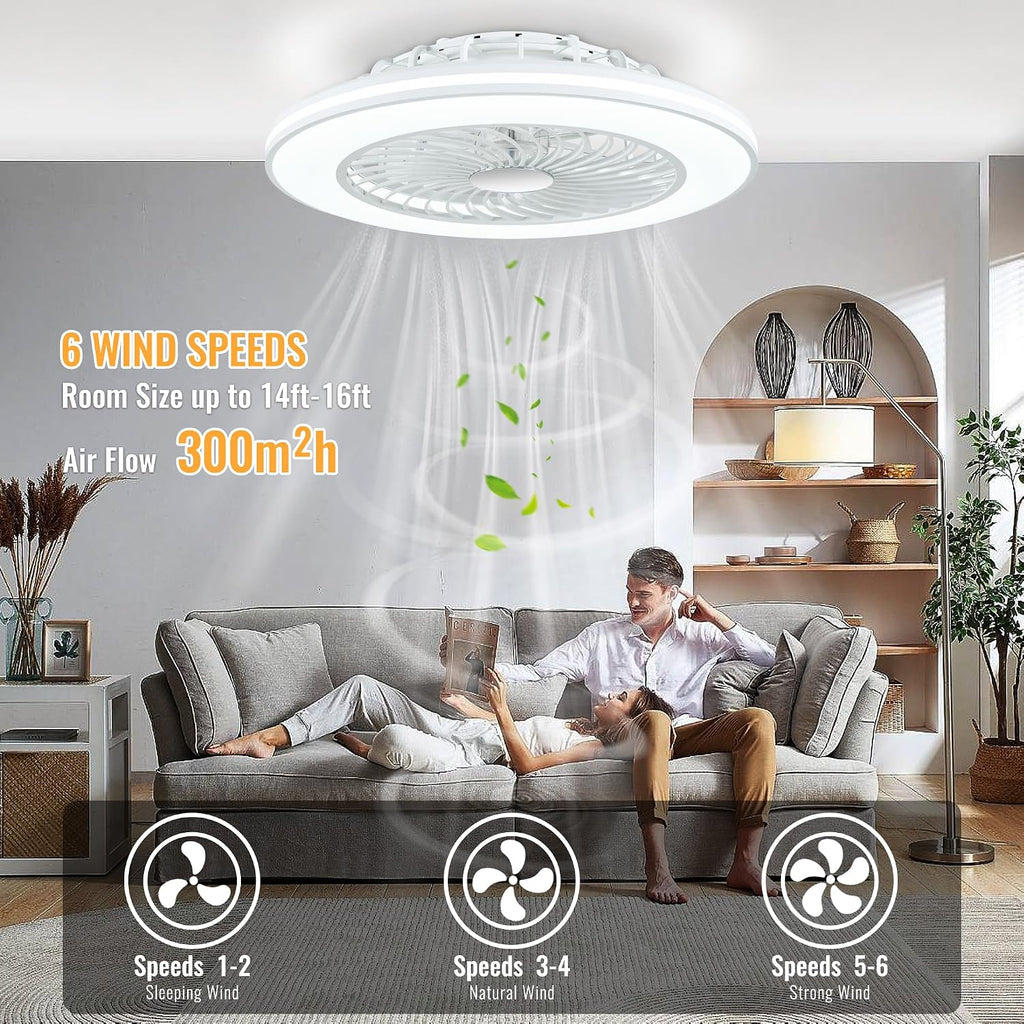 24'' Low Profile Bladeless Ceiling Fans with Lights, Remote/APP Control, 3CCT Dimmable, Flush Mount Ceiling Fan with 6-Speed Reversible for Bedroom Living Room