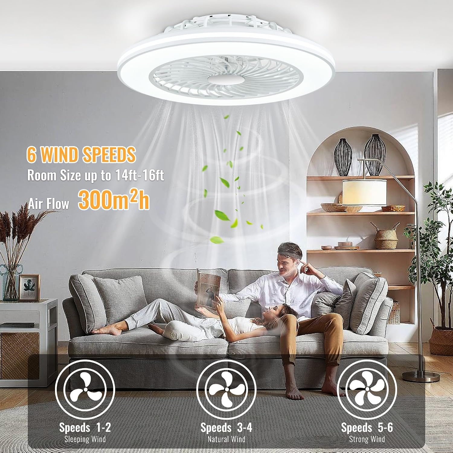 24'' Low Profile Bladeless Ceiling Fans with Lights, Remote/APP Control, 3CCT Dimmable, Flush Mount Ceiling Fan with 6-Speed Reversible for Bedroom Living Room