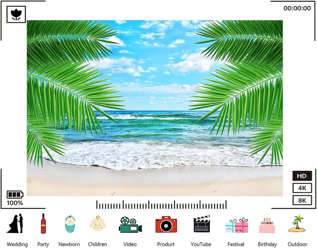 Trykid 20x10ft Tropical Palm Frond Beach Backdrop Turquoise Ocean White Sand Gentle Waves Clear Blue Sky Photography Background Vacation Tapestry Party Decoration Photo Studio Prop Fabric