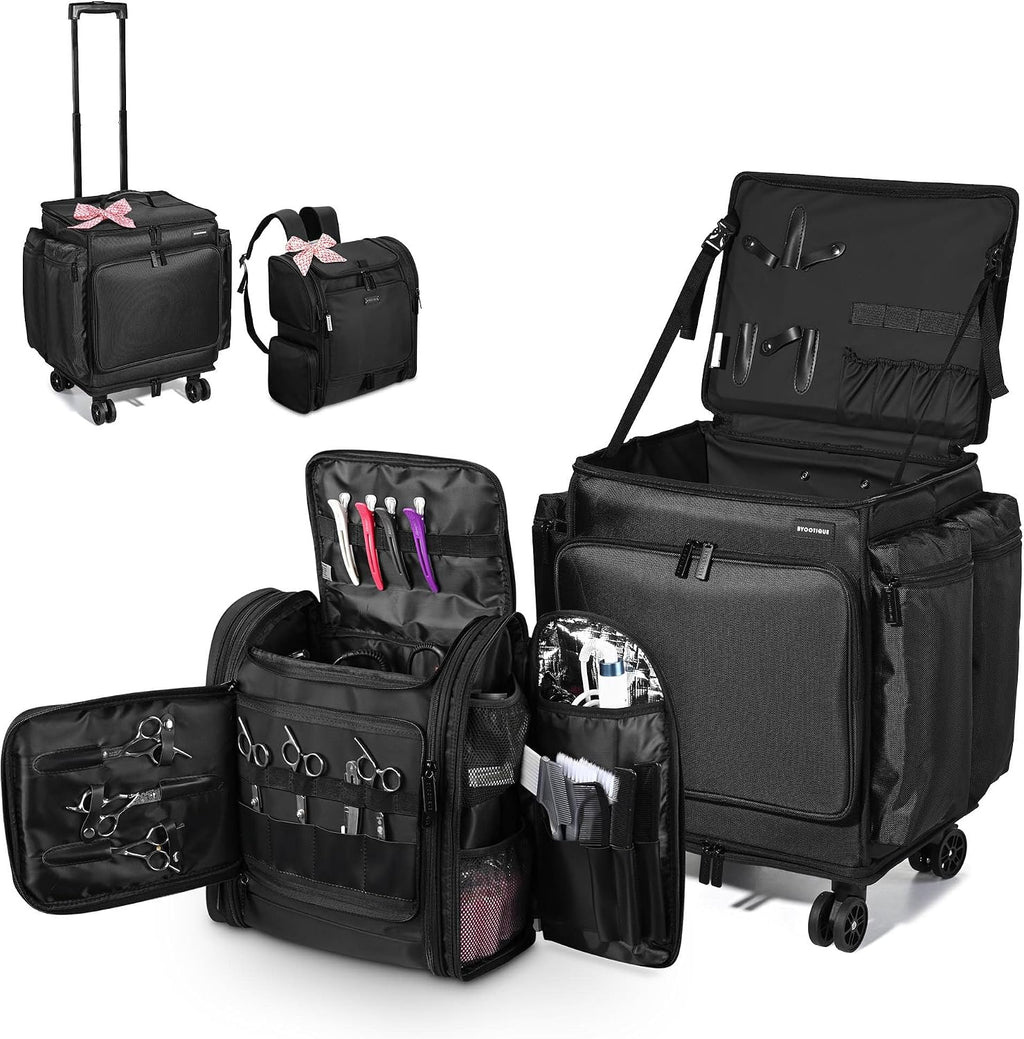 BYOOTIQUE Soft Sided Rolling Makeup Train Case Travel Backpack For Hair Stylist Tools Curling Iron Straightener Salon Barber Shop, Black