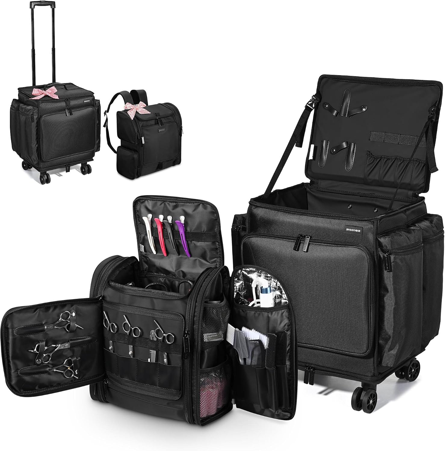 BYOOTIQUE Soft Sided Rolling Makeup Train Case Travel Backpack For Hair Stylist Tools Curling Iron Straightener Salon Barber Shop, Black