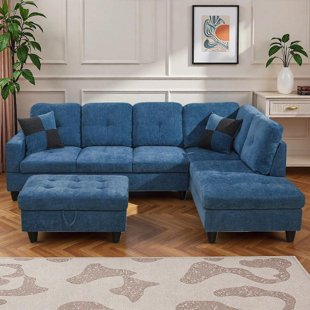 103.5' Sectional Couches for Living Room, Leather 4 Seat L Shaped Couch with Chaise, 3-Piece Modular Sofa with Storage Ottoman, Home Furniture Sets for Apartment Office, Blue