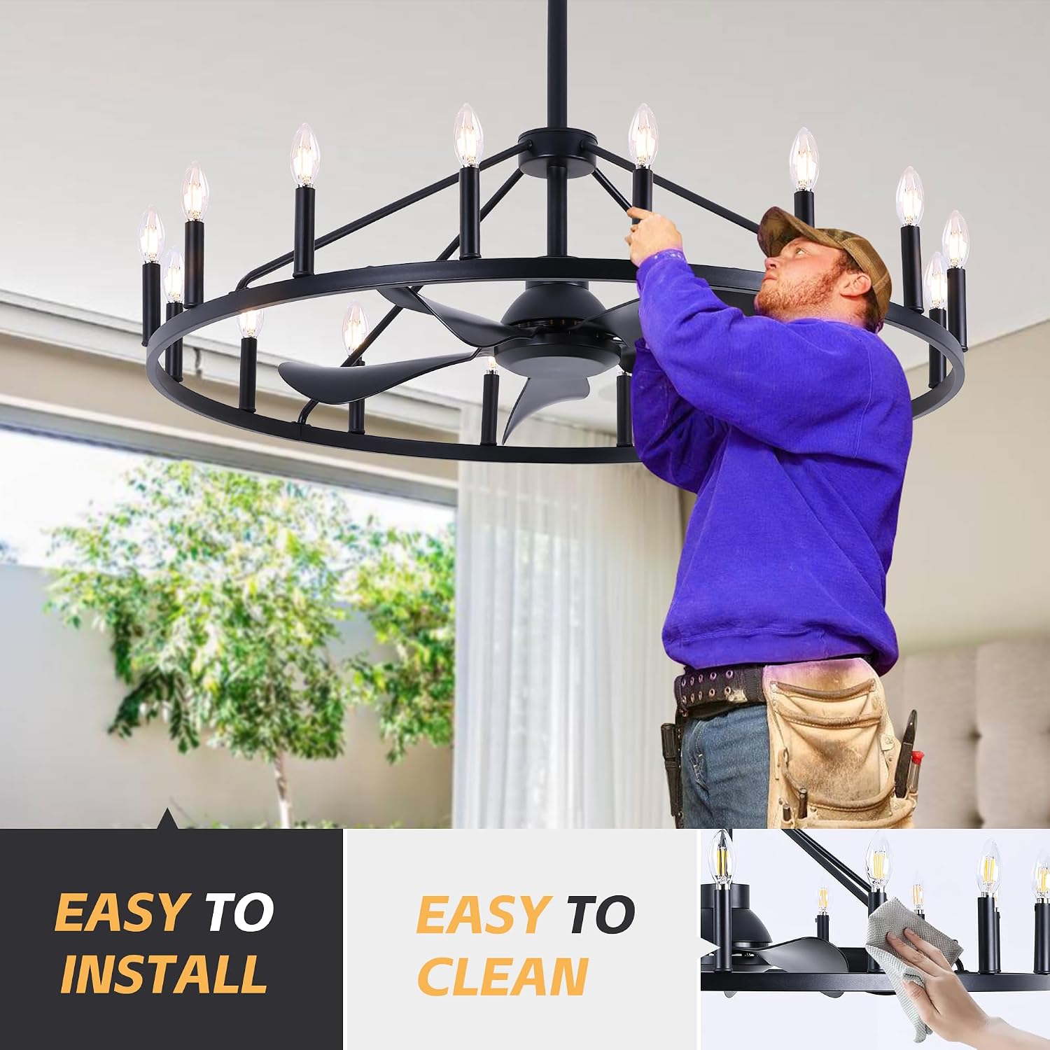 Farmhouse Chandelier Ceiling Fan with Light and Remote, 16-Lights Large Wagon Wheel Fandelier with Candle for Living Room,Rustic Black Fan with Big Light Fixture for Loft