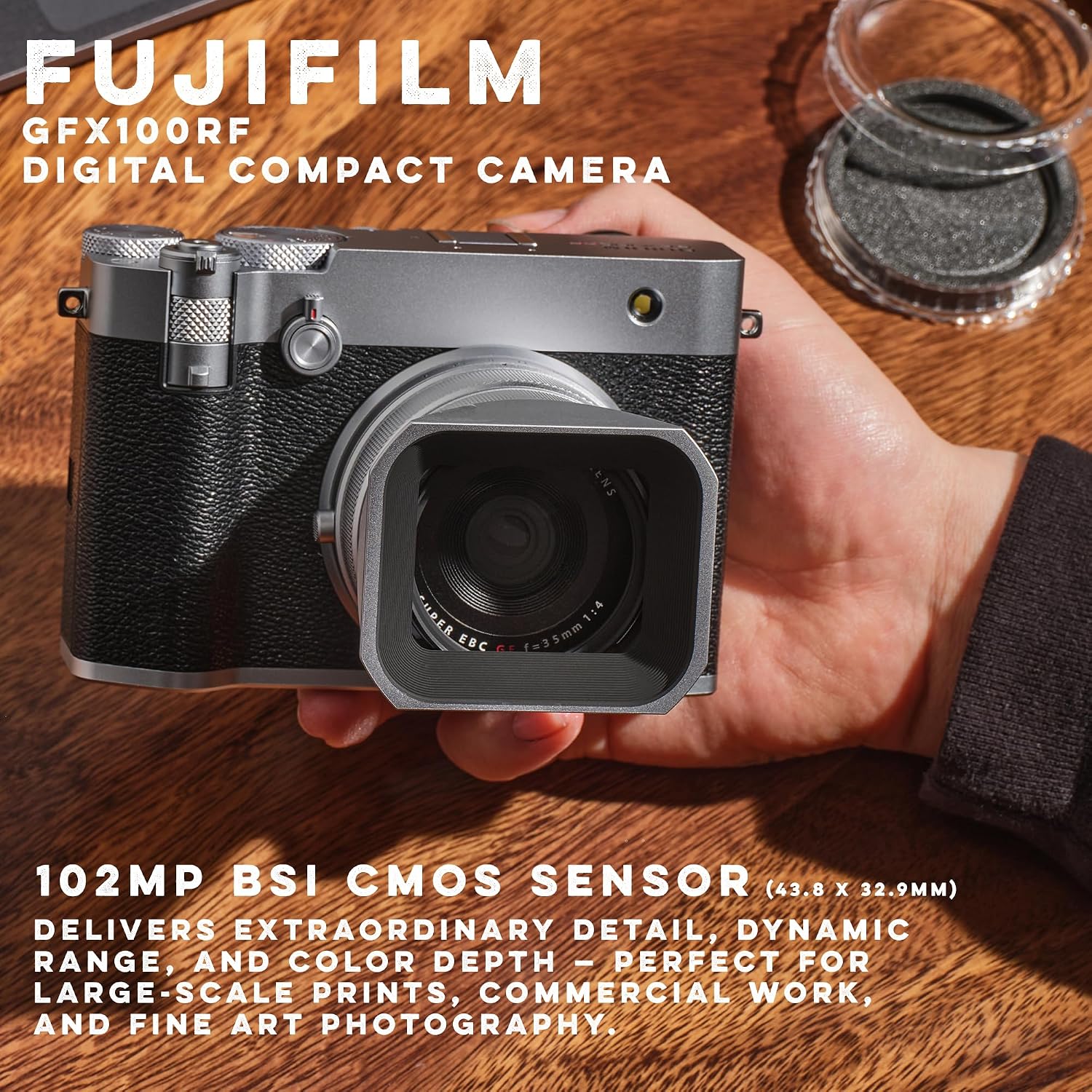 FUJIFILM GFX100RF Medium Format Mirrorless Digital Camera, 102MP BSI CMOS II Sensor Powerful Compact Rangefinder Style, 35mm F4 Lens + 2X 64GB Memory Card + More- Silver