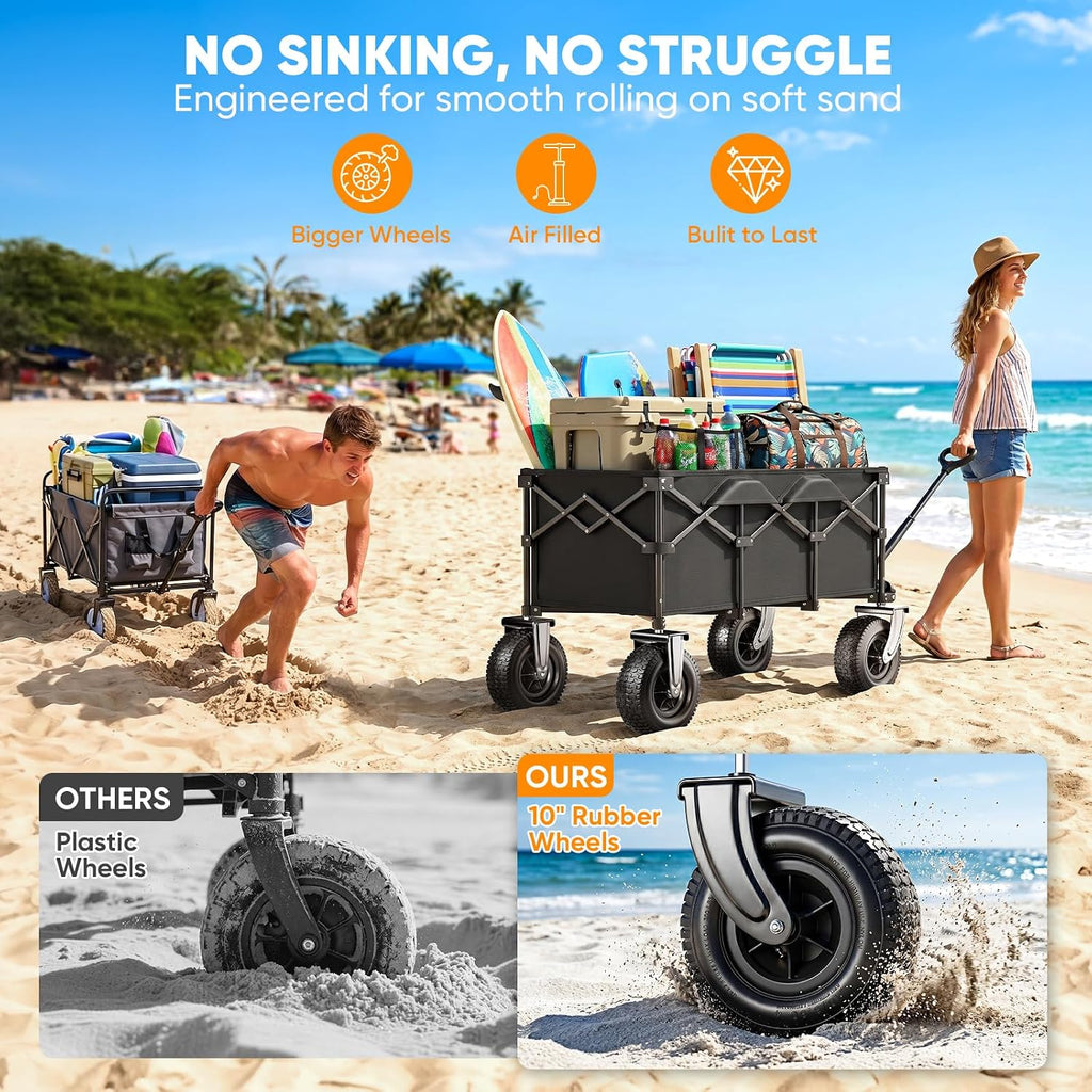All-Terrain Beach Wagon with 10' x 3.5' Big Inflatable Rubber Wheels for Sand, 220L Collapsible Utility Wagon, 400 lbs Heavy Duty Folding Cart with 2 Cup Holders for Camping, Sports, Garden, Black