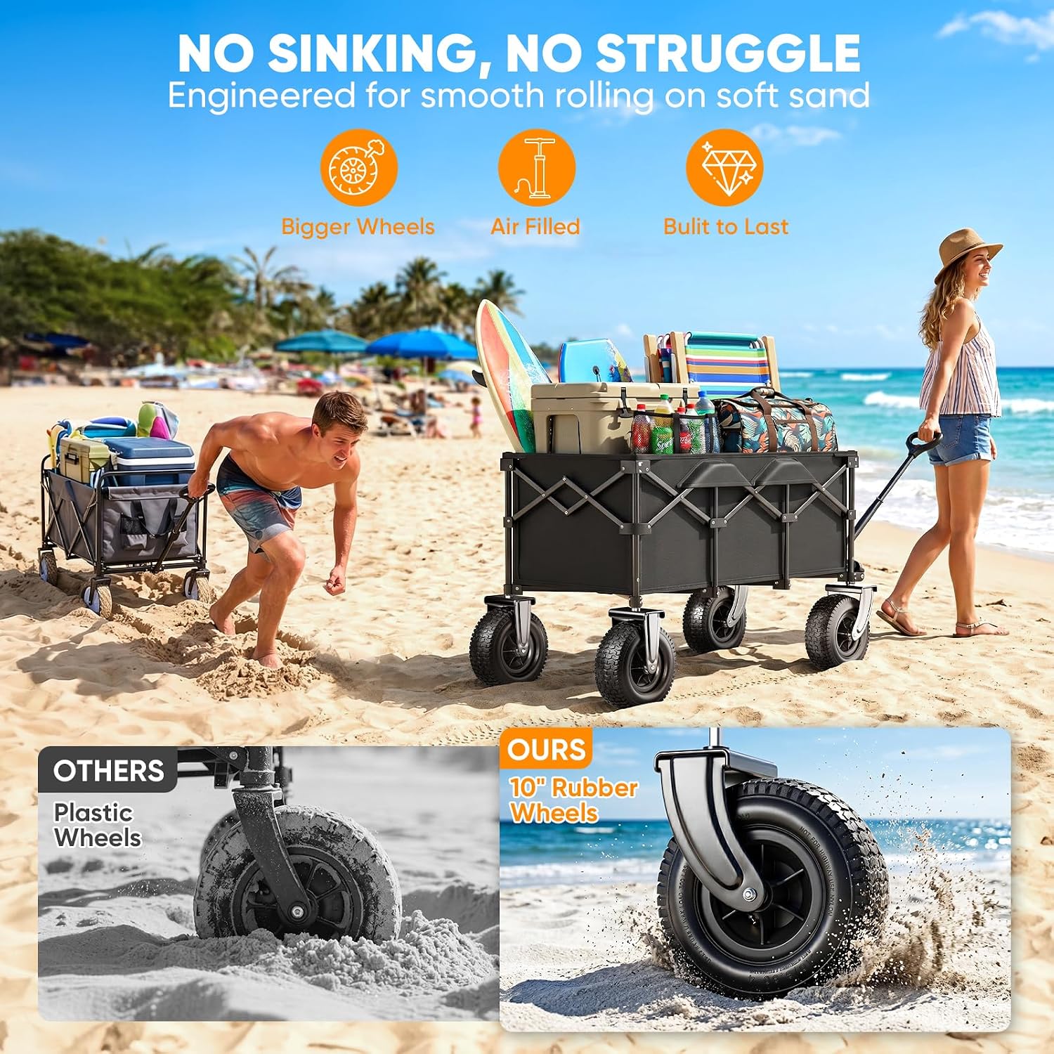 All-Terrain Beach Wagon with 10' x 3.5' Big Inflatable Rubber Wheels for Sand, 220L Collapsible Utility Wagon, 400 lbs Heavy Duty Folding Cart with 2 Cup Holders for Camping, Sports, Garden, Black