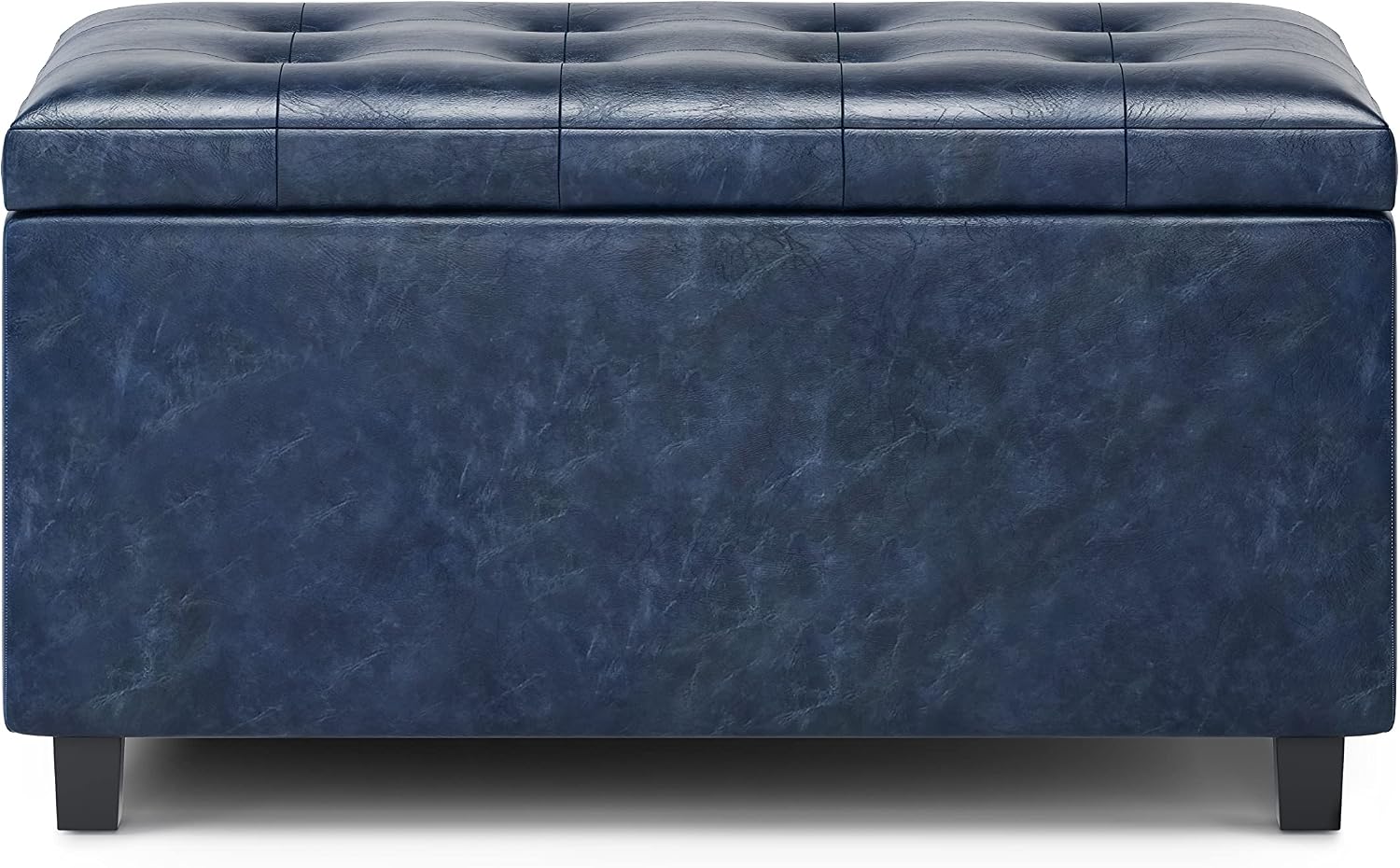 SIMPLIHOME Cosmopolitan Storage Ottoman - 34 inch Wide Upholstered Vegan Leather Rectangle Storage Ottoman Bench in Denim Blue, Transitional Tufted Ottoman for Living Room or Entryway with Lift-Up Lid