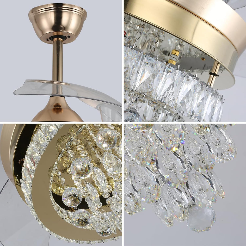 Finktonglan 42' Crystal Gold Flush Mount Ceiling Fan with Light, Retractable Blades Fandelier, Dimmable 60W LED, Remote & App Control, Quiet Reversible Motor, 6 Speeds for Bedroom/Living Room