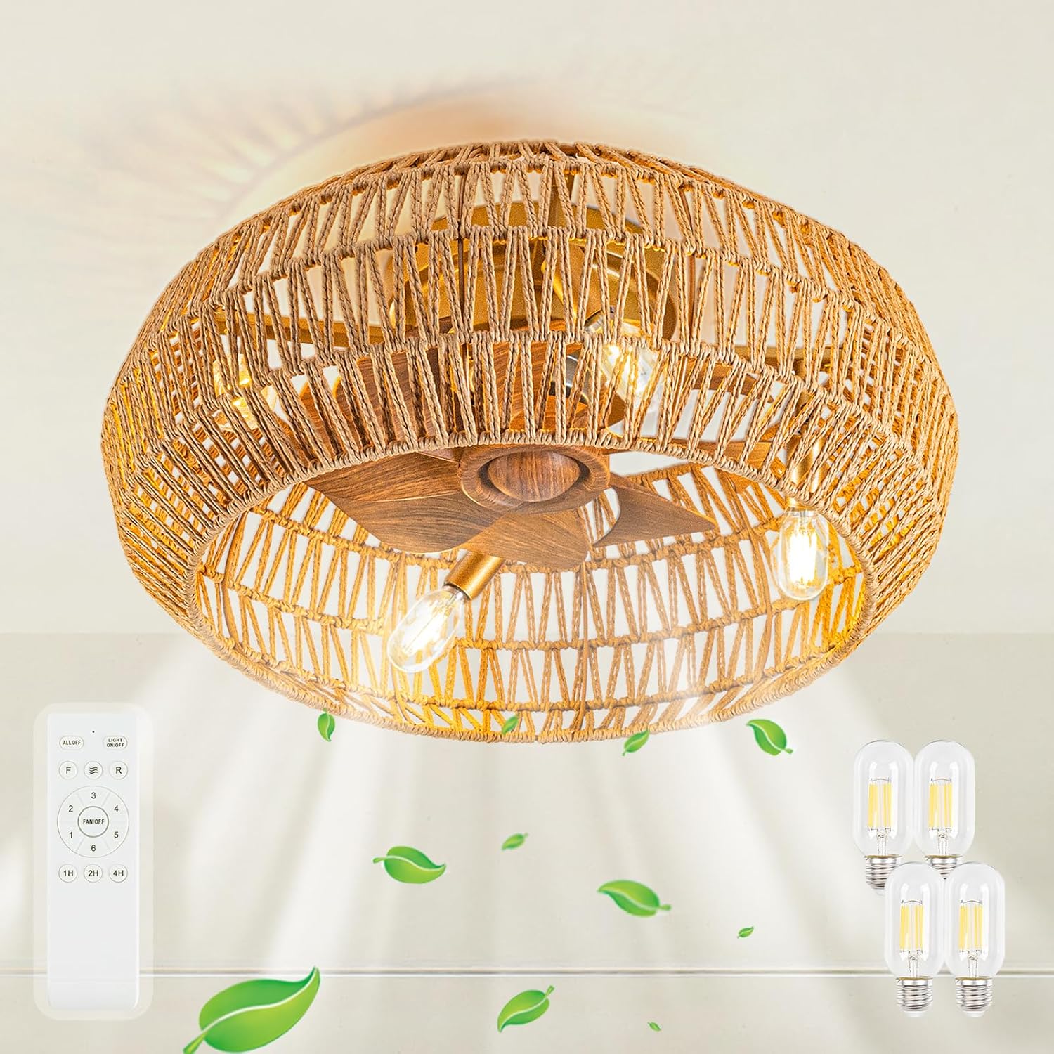 20' Boho Ceiling Fans with Lights (Bulbs Included), Low Profile Caged Ceiling Fan with Light and Remote, Rattan Flush Mount Ceiling Fan with 8 Reversible Blades for Bedroom, Living Room