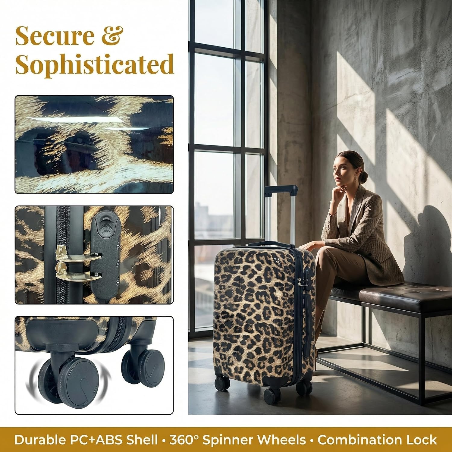 4 Piece Leopard Print Luggage Set - Cheetah Print Hard Shell Suitcases with Spinner Wheels, Animal Print Rolling Luggage for Travel (14' + 20' + 24' + 28')