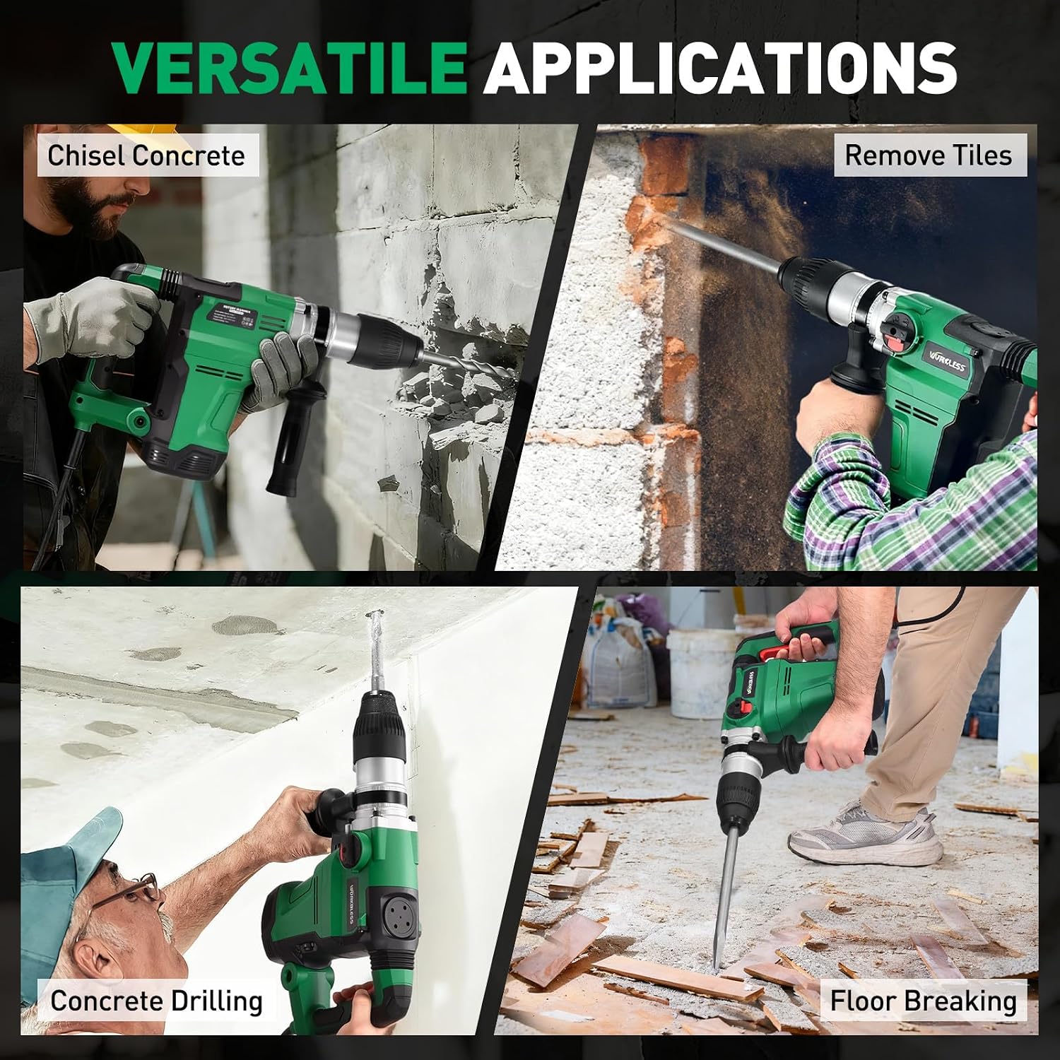 SDS Max Rotary Hammer Drill, 1-1/2 Inch 13 Amp Heavy and Duty Corded Concrete Demolition Hammer with 3 Functions, 6 Variable Speed, Safety Clutch, Vibration Control, 2 Chisels
