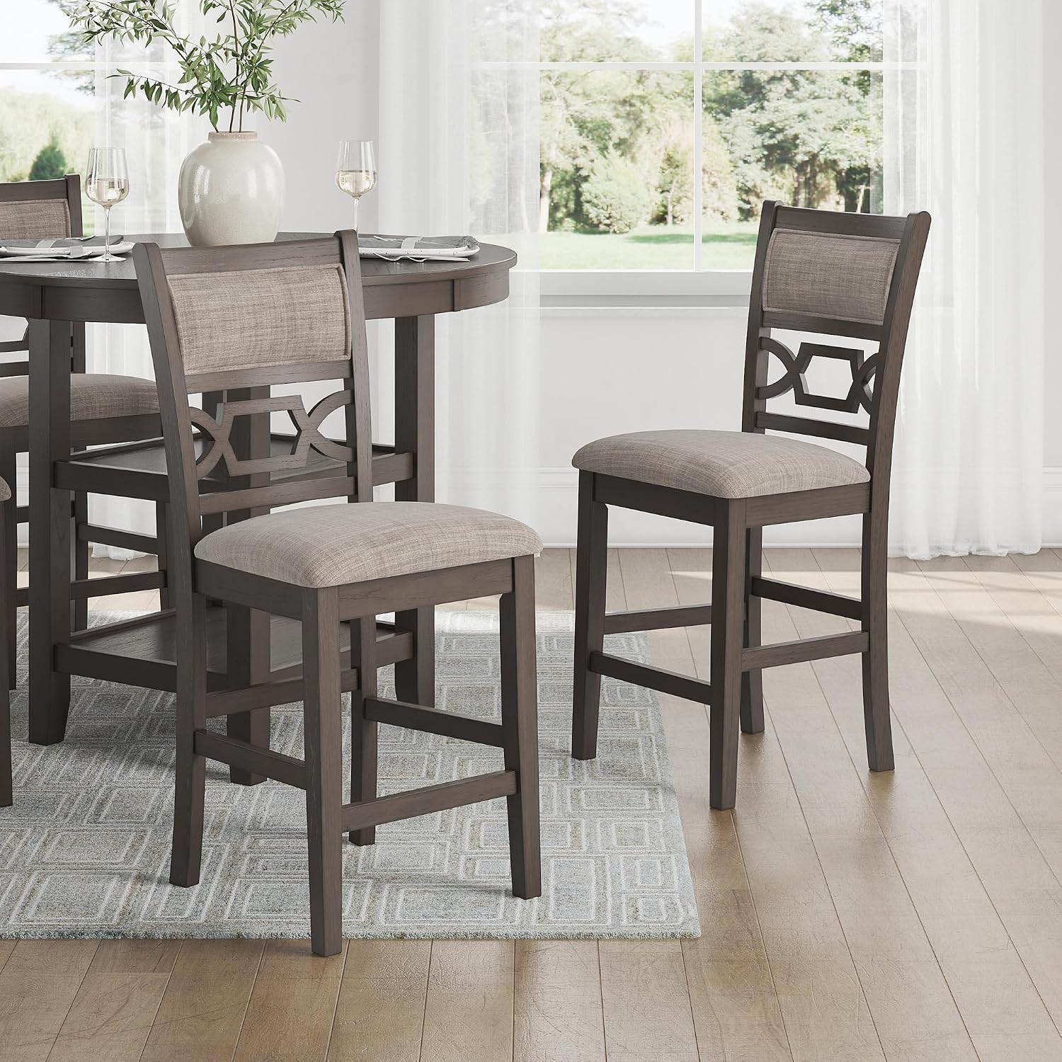 Signature Design by Ashley Wrenning Modern Diamond Patterned Counter Height Dining Table and 4 Upholstered Bar Stools with 2 Shelves, Set of 5, Gray & Light Gray