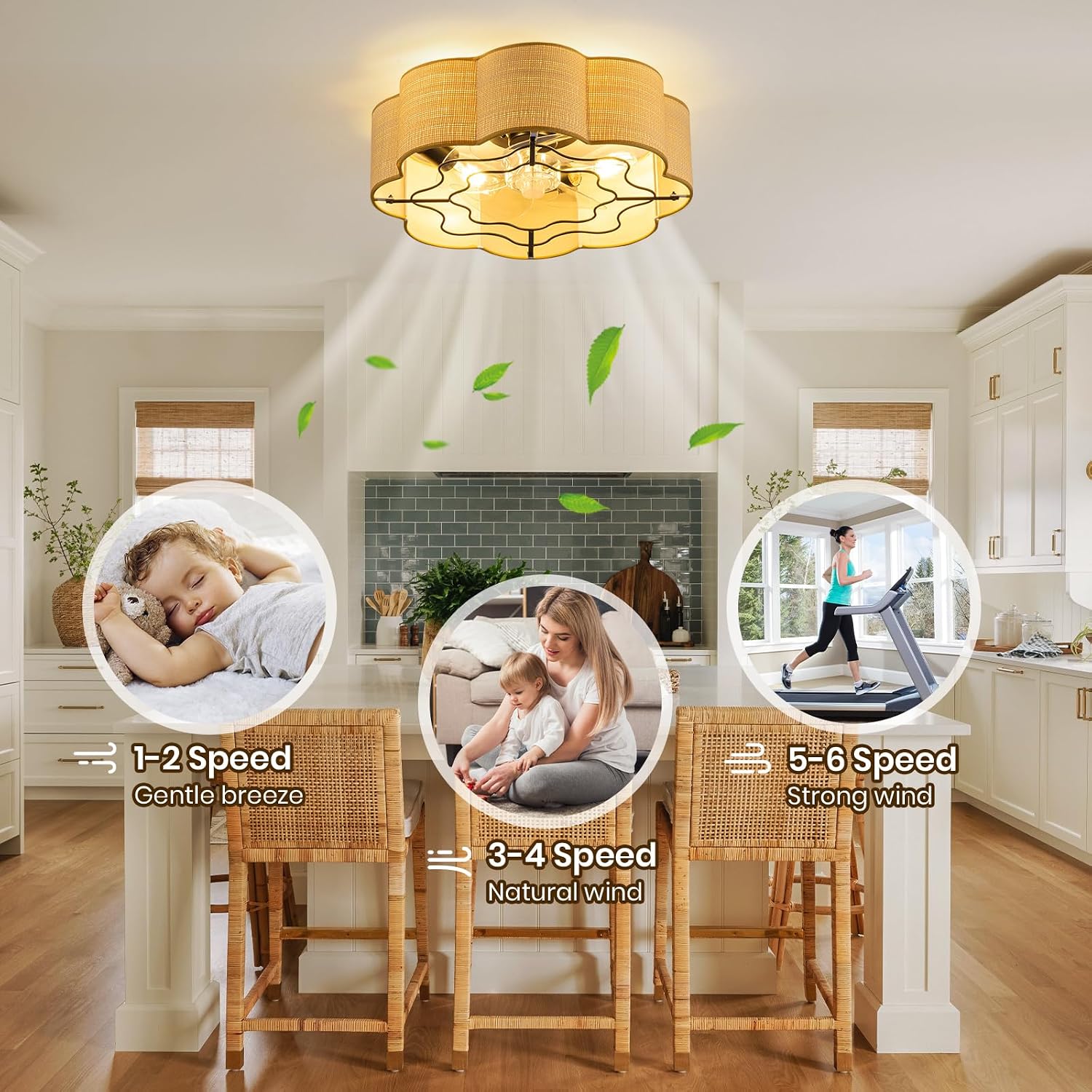 Boho Caged Ceiling Fans with Lights Flush Mount, Rattan Fandelier Chandelier Ceiling Fan with Light with Remote and 6-Speed Motor for Bedroom, Nursery, Living Room