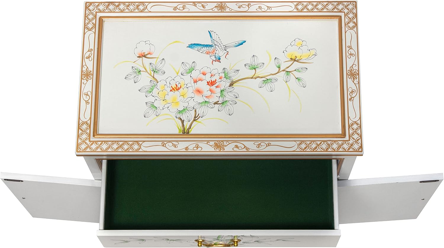 Red Lantern Artisan Crafted Lacquer Storage Cabinet - White with Hand-Painted Birds and Flowers