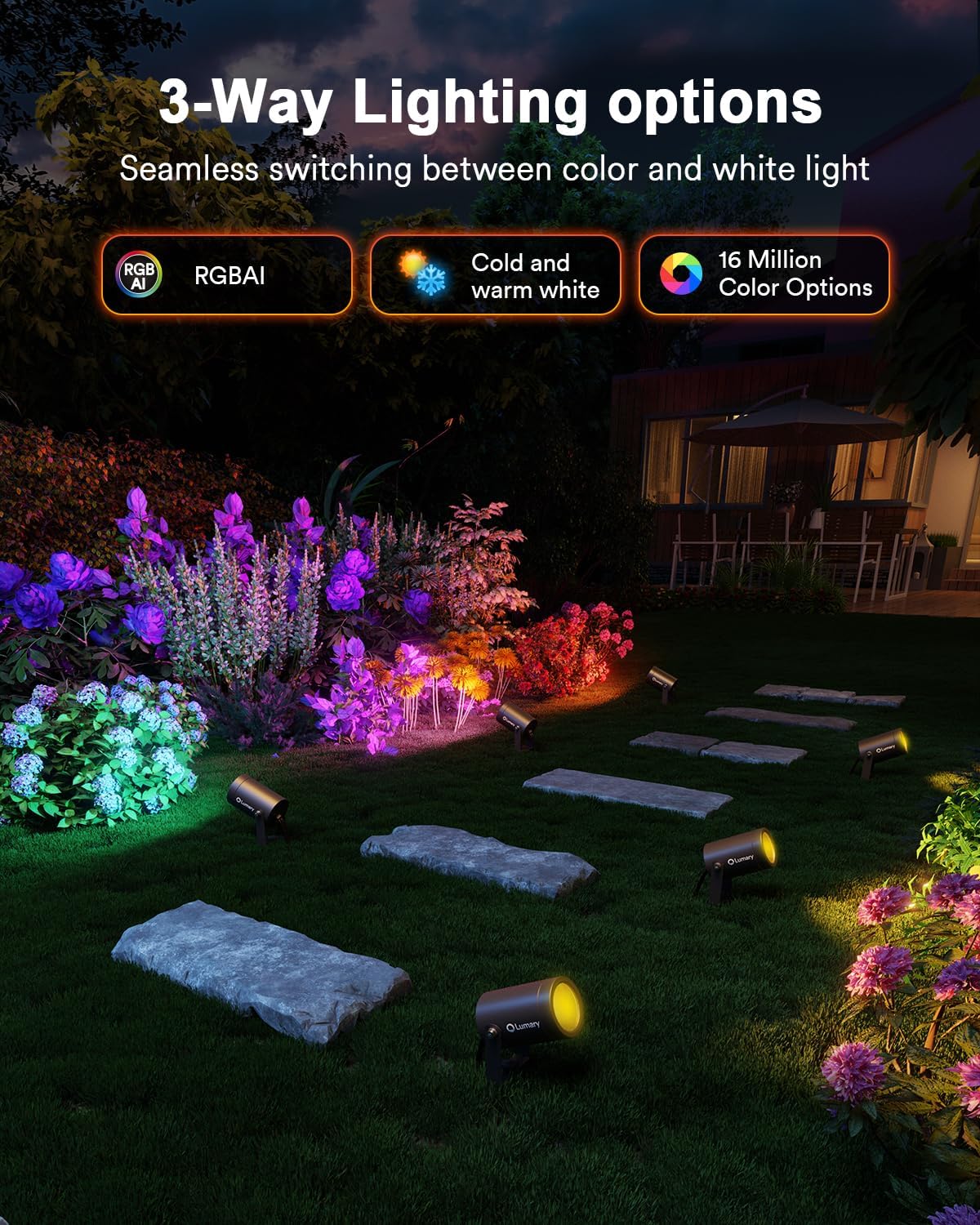 Lumary Smart Landscape Lights Pro 500LM, 6 Pack Color Changing Landscape Spotlights IP65 Waterproof, RGBAICW Low Voltage Outdoor Lights for Garden Yard and Pathway, APP/Remote/Voice Control, 65FT