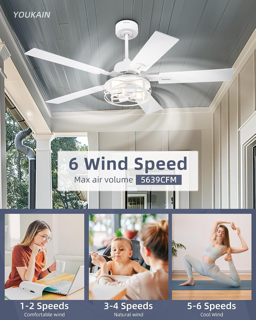 YOUKAIN 48 Inch Ceiling Fans with Lights, Farmhouse Ceiling Fans with Wall Switch and Remote Control, 5-Reversible, White Finish, Outdoor Ceiling Fan for Indoor/Outdoor Use, 48-YJ632-WHW-WS