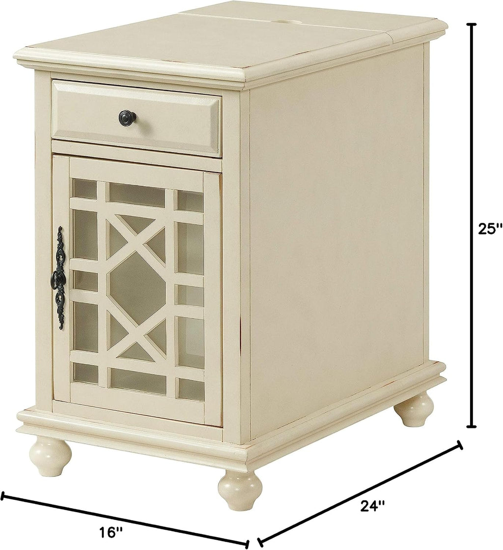 Martin Svensson Home Elegant Chairside End Table with Power — 24″W x 16″D x 25″H, Antique Cream White — Transitional Painted Accent Table with Flip-Top USB Charging, Drawer & Cabinet Storage