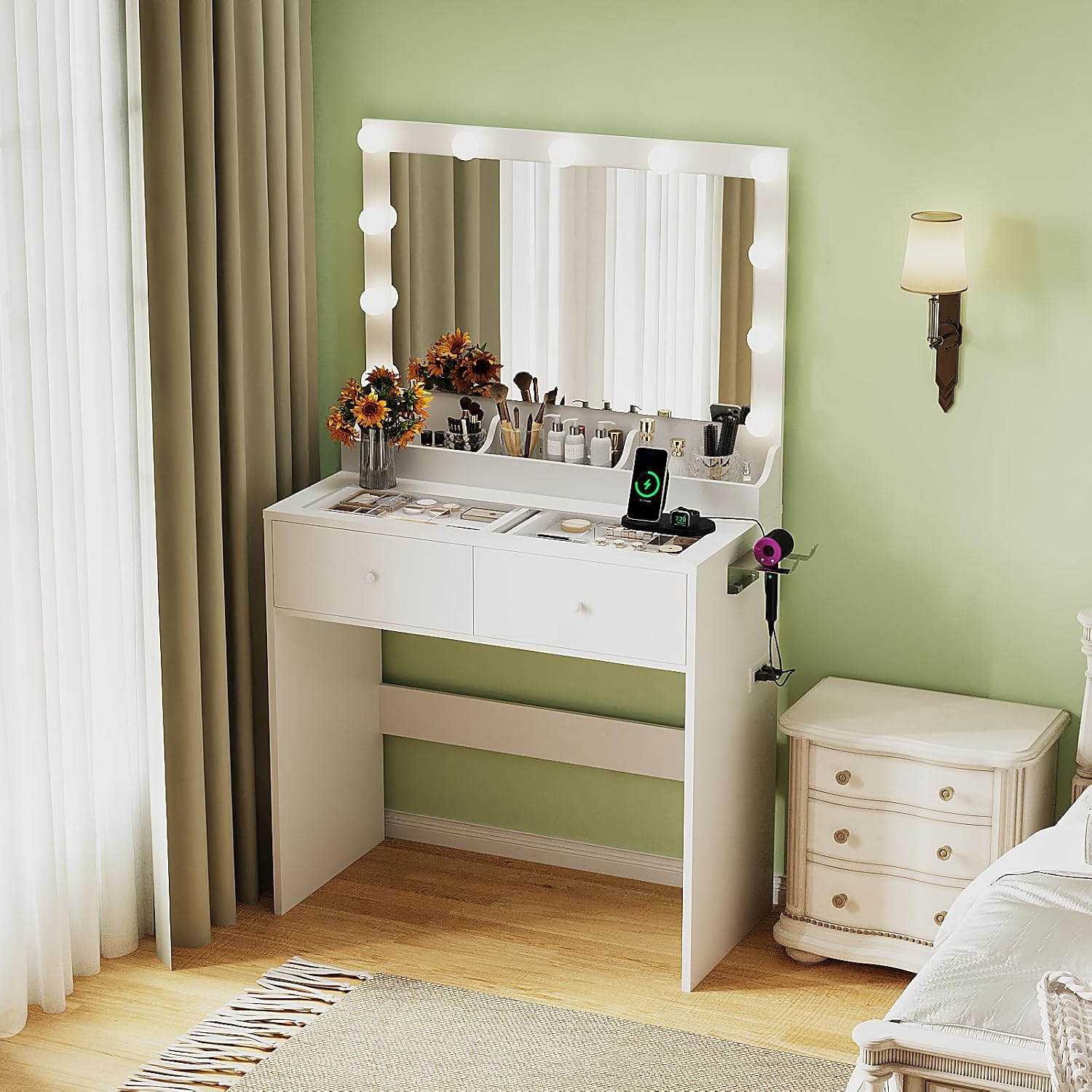 VINGLI 31.5' Small Vanity Desk with Mirror and Lights, Glass Top Makeup Vanity Table, White Dressing Table w/Hollywood Bulbs & Big Mirror, Corner Vanity for Bedroom, Girls Vanities
