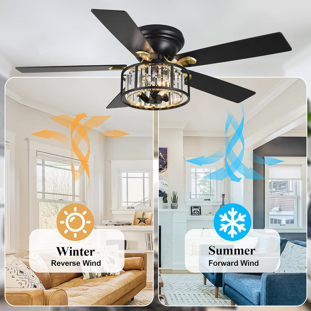 Dawn Whisper 52' Modern Crystal Flush Mount Ceiling Fans with Lights Black | Crystal Chandelier, Low Profile Low Ceilings, Remote Control, Reversible, Noiseless, 6 Speeds, for Living Room Bedroom