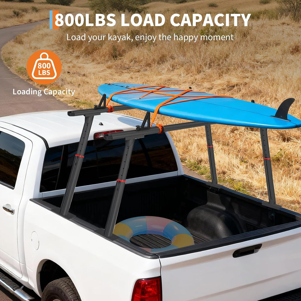 Adjustable Aluminum Pickup Ladder Rack 35.4–71', 800 lb Heavy-Duty Two-Bar Truck Bed Rack with No-Drill C-Clamp Mount, Utility Hauler for Kayaks, Lumber, Surfboards & Ladders - Black