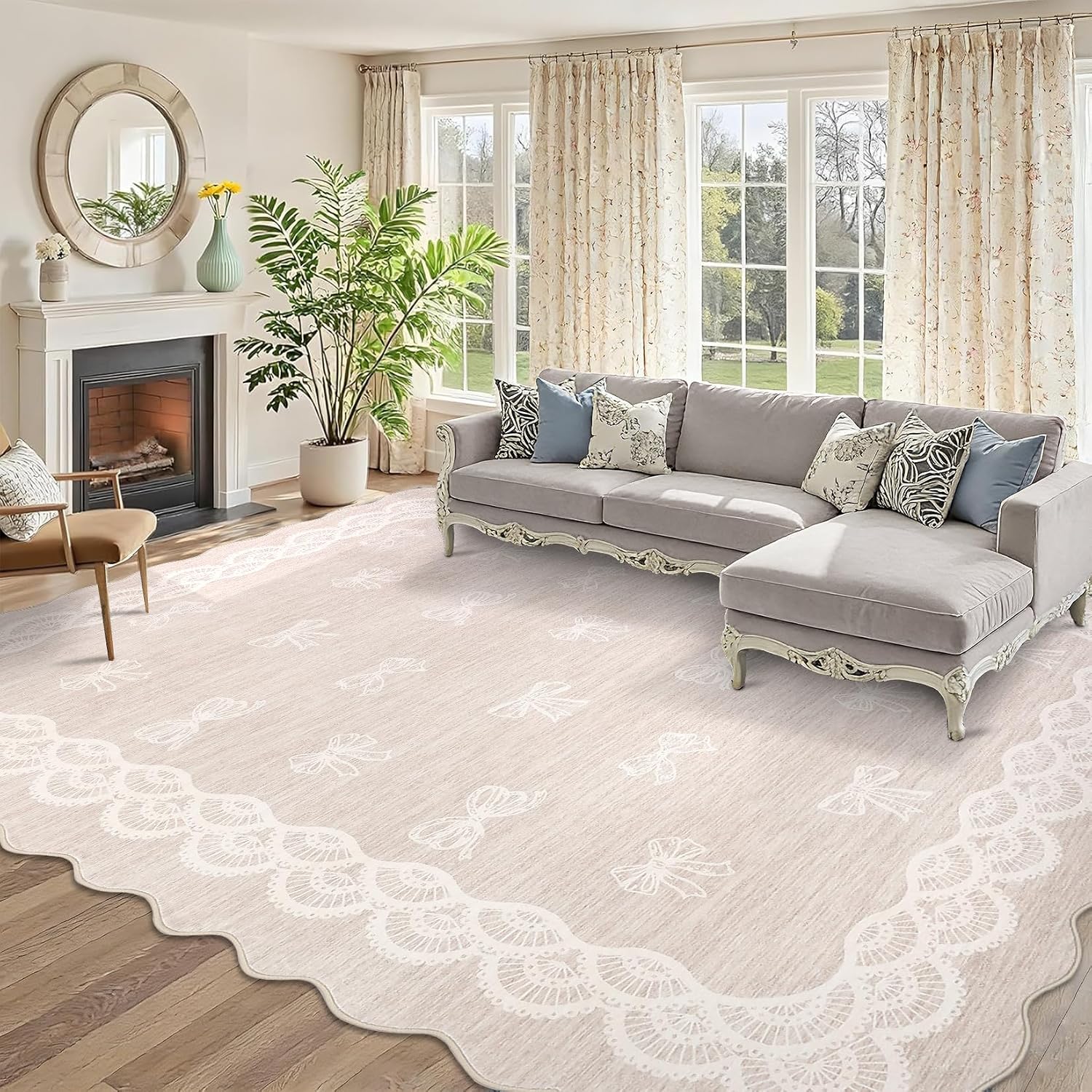 Garvee Scalloped Bow 9x12 Washable Rug for Living Room, Soft Beige Rugs Non-Slip Low Pile Rug Modern Farmhouse Lace Carpet, Stain Resistant Low Pile Floor Cover for Bedroom College Kids Room, Beige