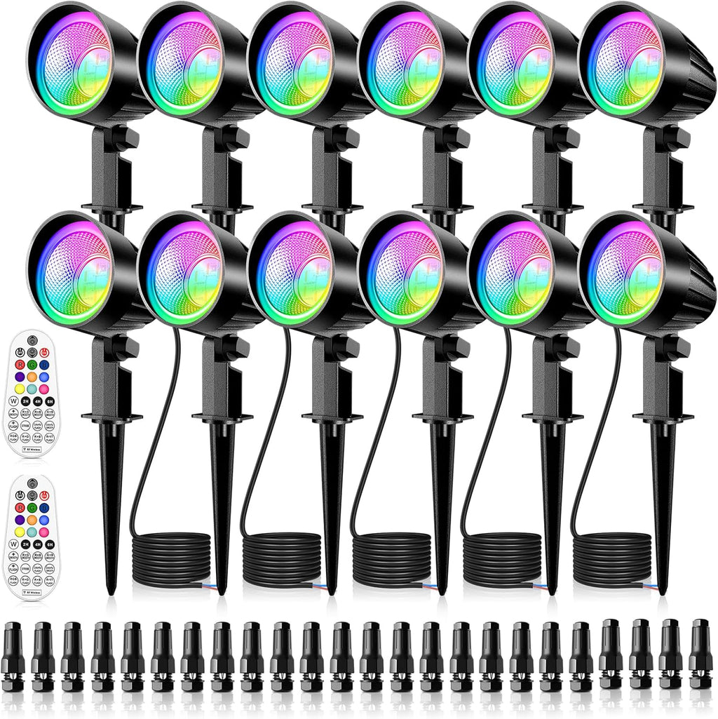 MEIKEE 15W RGBW Low Voltage Landscape Lights, 12-24V LED Landscape Lighting, Timer and Memory Dimmable Color Changing Outdoor Spotlights with Remote for Garden Path Christmas Halloween 12 Pack