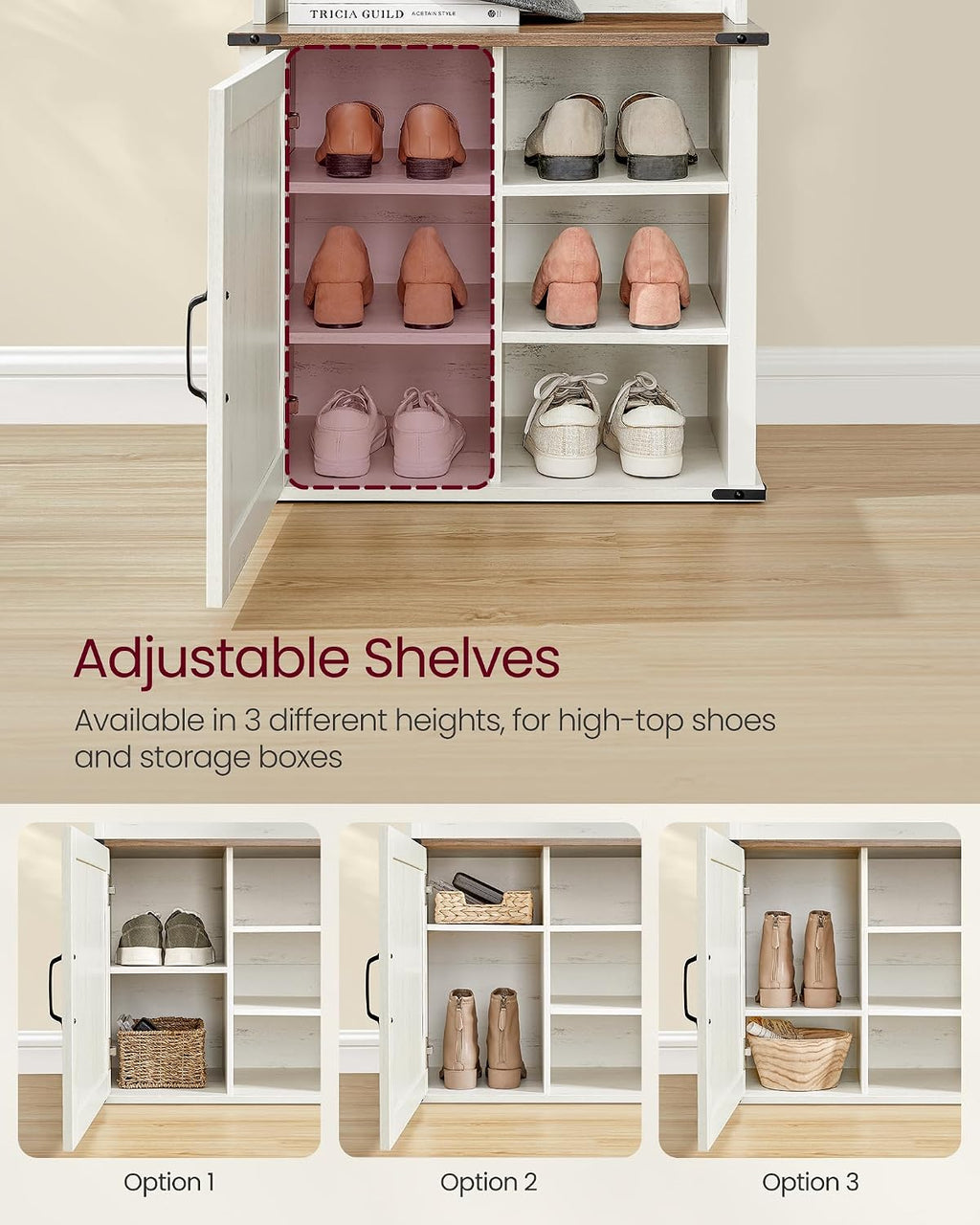 VASAGLE Hall Tree with Bench and Shoe Storage, Coat Rack with Shoe Bench, Entryway Furniture, 3 Tri-Hooks, Door with Handle, Farmhouse Style, Space Saving, Rustic White and Honey Brown UHSR441W01V1