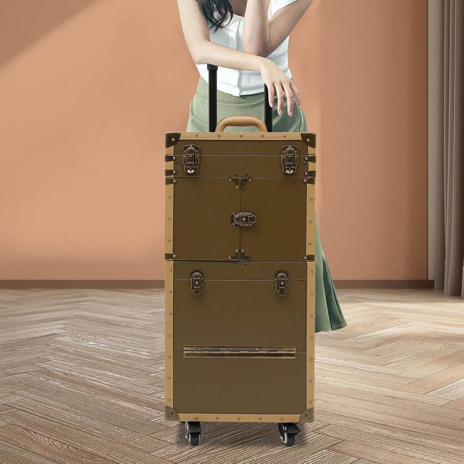 Rolling Makeup Case, Cosmetic Organizer Trolley Train Case with Keys, Large Storage Swivel Wheels Salon Barber Traveling Trunk for Make Up Hairstylists Nail Tech (Gold with 2Keys)