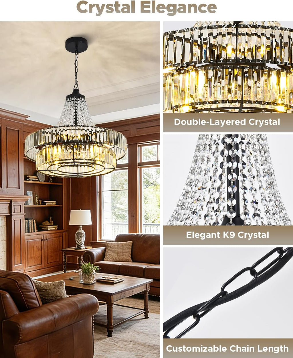 24 Inch Crystal Caged Double Layer Fandelier, Large Modern Chandelier Ceiling Fan with Light and Remote, Luxury Fandelier for Living Room, Bedroom, Reversible DC Motor, Height-Adjustable (Black)