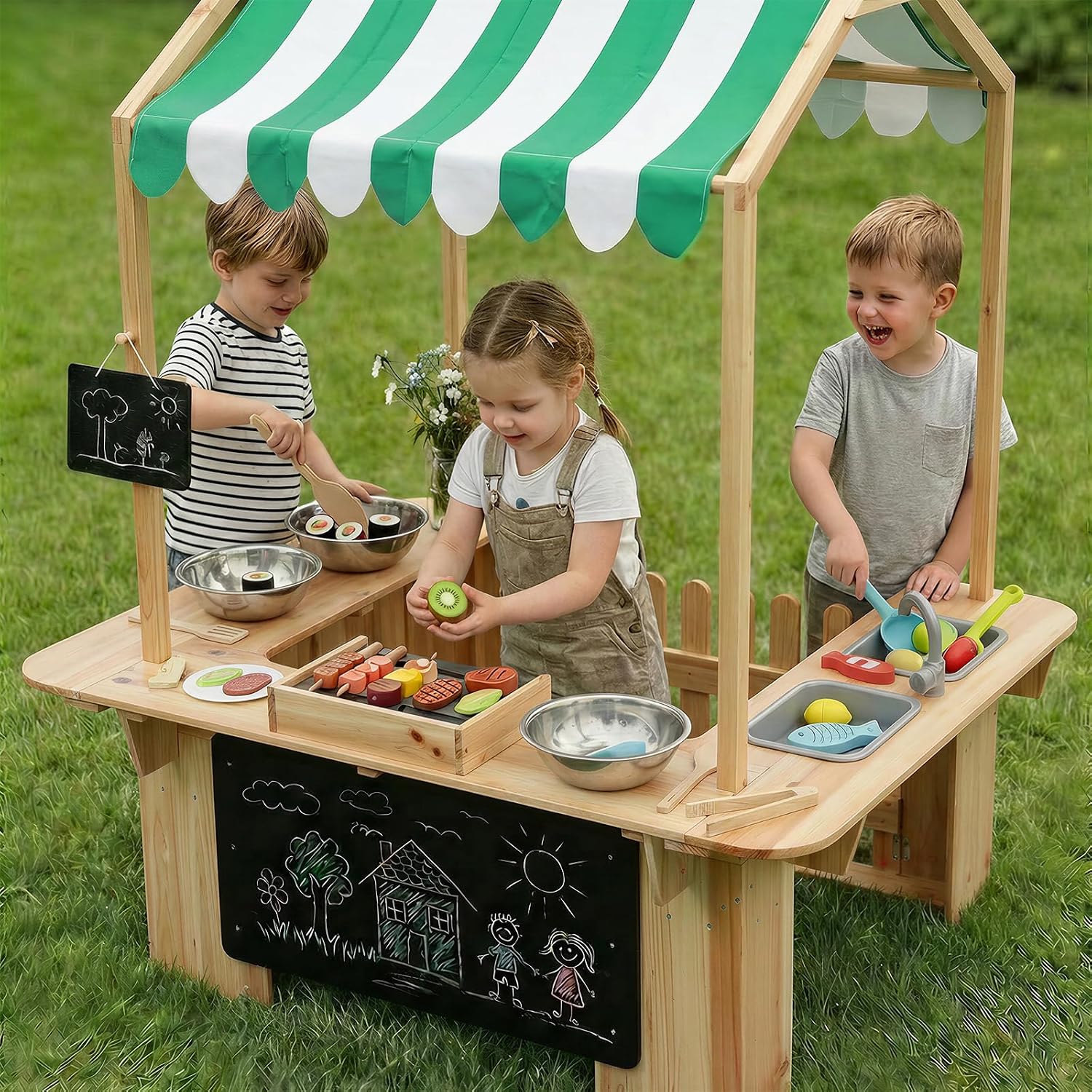 EDUBEBO Kids Outdoor Playhouse, Mud Kitchen, BBQ Toys,Outdoor playsets, Ideal Role Play Toy Gift for Toddlers and Kids Ages 3-8 (Yellow)