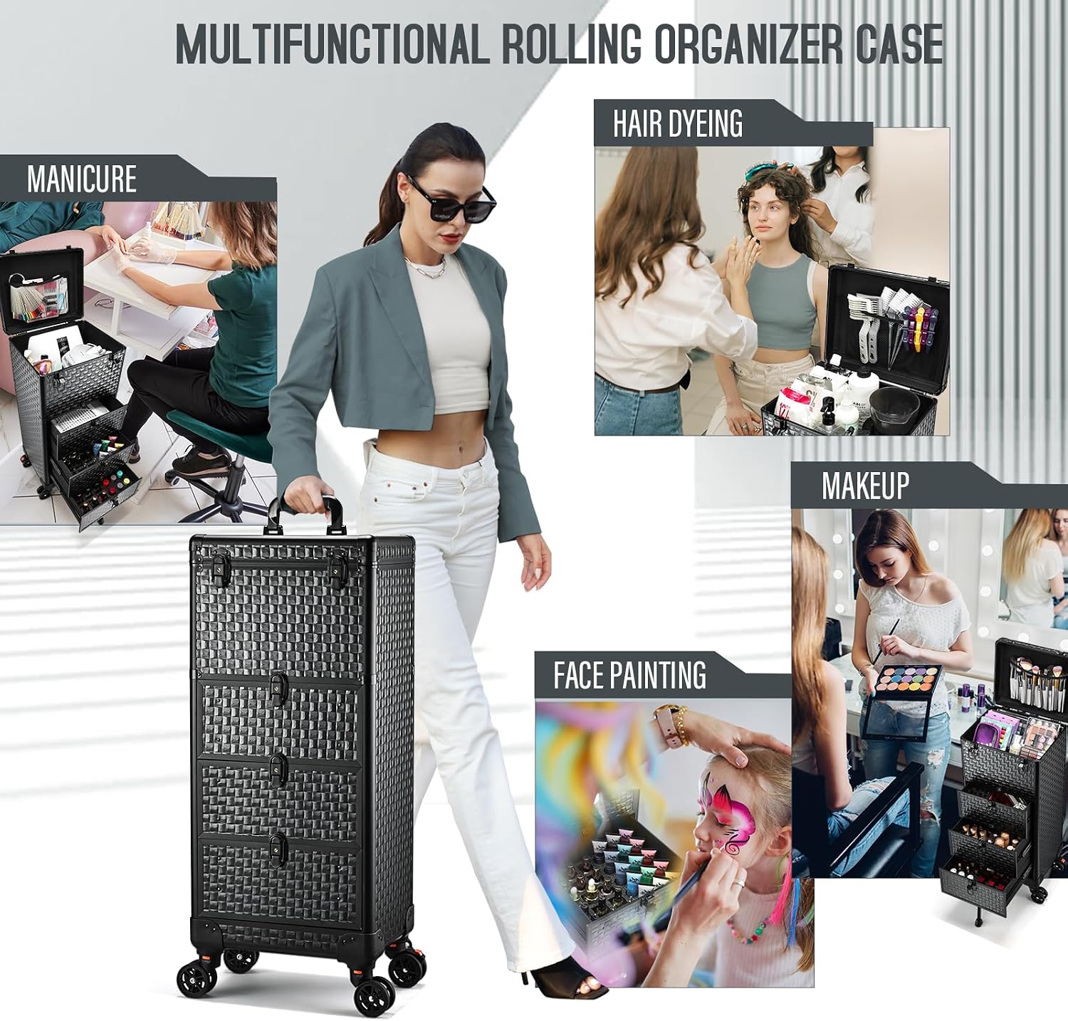 Yueieoun Salon Cart with 3 Drawers, Nail Trolley Cart with Wheels Salon Station Rolling Makeup Train Case Cosmetology Case Organizer Cases for Nail Tech,SPA,Face Painting,Hairstylist,Makeup Artist