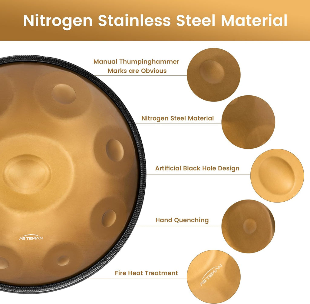 AS TEMAN HANDPAN, Handpan drum instrument in D Minor 9 Notes 440hz 22 inches Steel Hand Drum with Soft Hand Pan Bag, 2 handpan mallet,Handpan Stand,dust-free cloth,gold