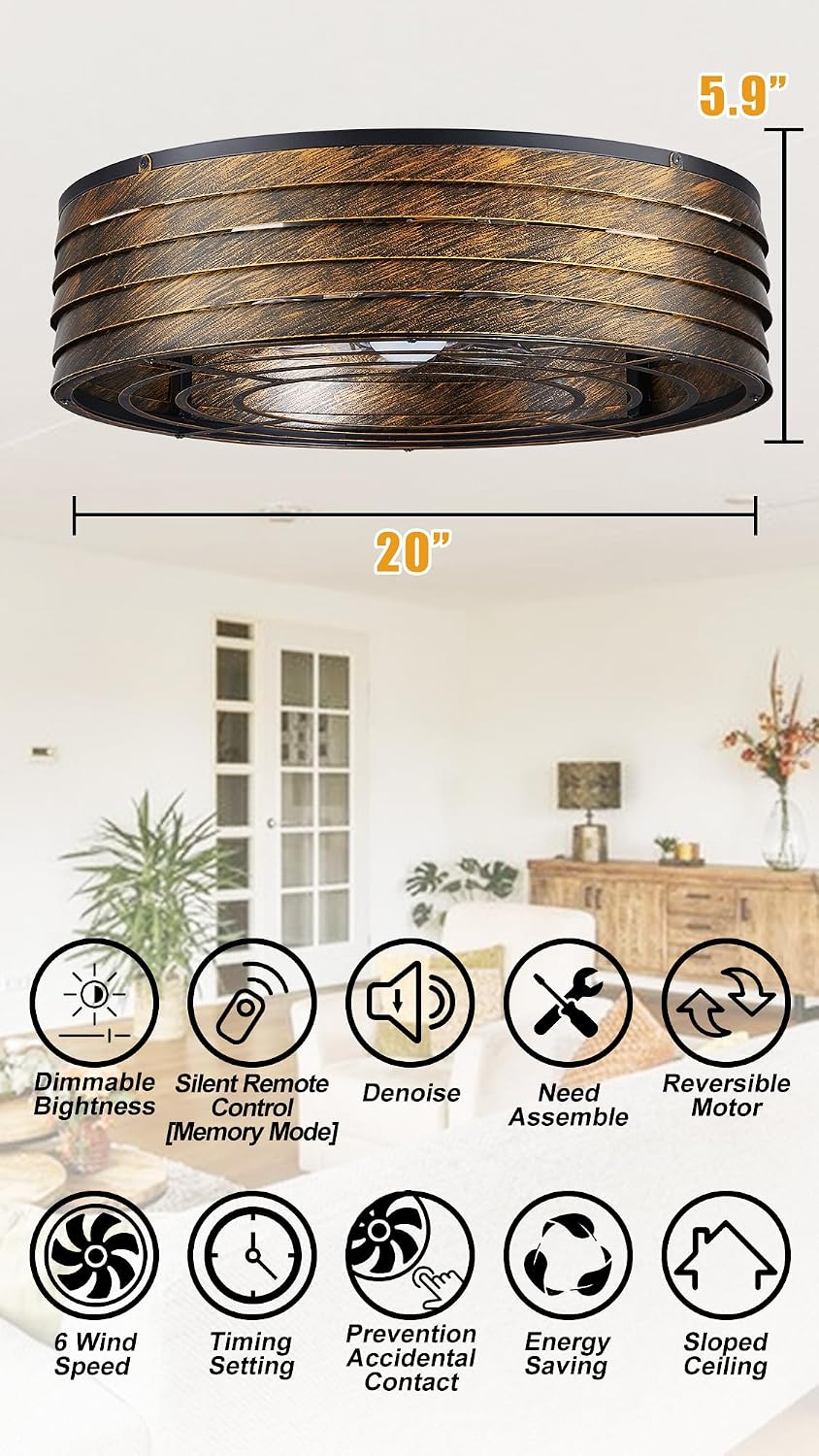 20'' Flush-Mount Smart Ceiling Fan with Dimmable-Light and Memory Remote APP/Alexa Control, Reversible-Motor, Perfect for Bedroom, Kitchen, Low-Profile Bronze Design Cage