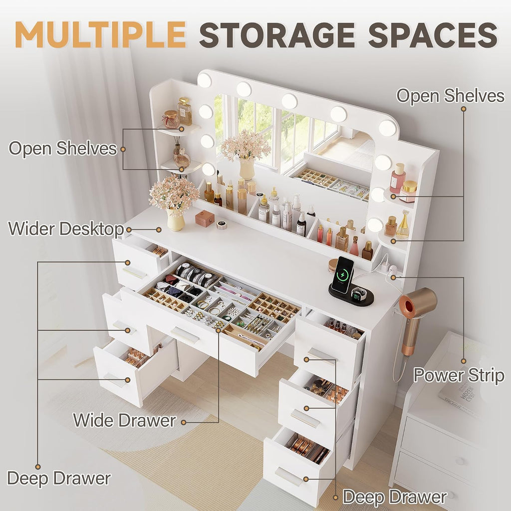 YESHOMY Vanity Desk with Large Lighted Mirror, Power Outlet and 11 Lights, Makeup Table with 7 Drawers and 3 Desktup Storage Units, 3 Color Modes Available for Bedroom, Snow White