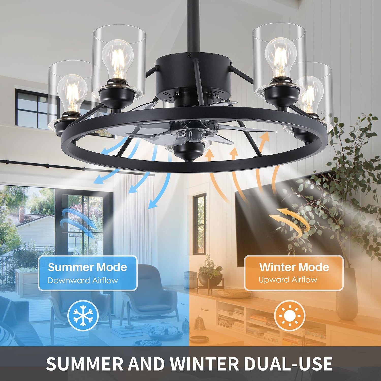 Miuyhji 24' Ceiling Fans with Lights Wagon Wheel Chandelier, Farmhouse Fandelier Black Fans with Glass Lampshade Light Fixture, 6 Speed, Timing, Adjustable Height for Dining Room Living Room