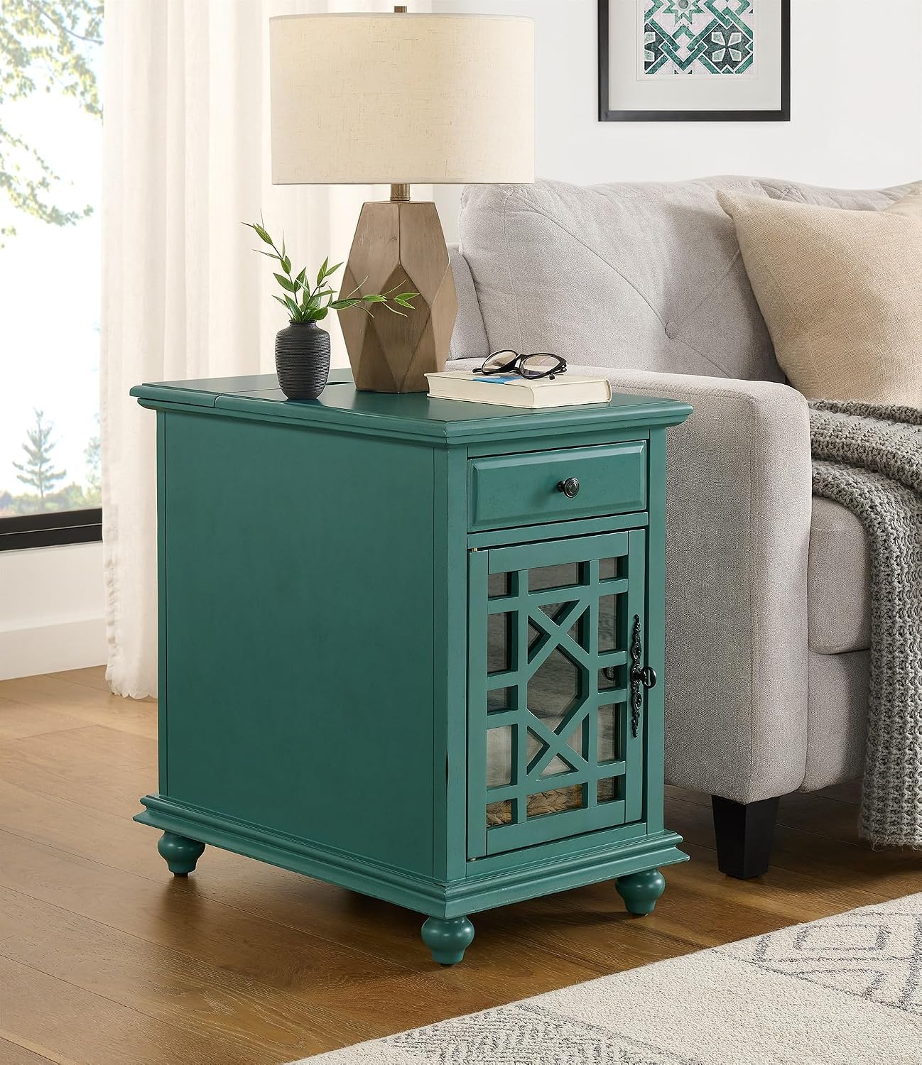 Martin Svensson Home Elegant Chairside End Table with Power — 24″W x 16″D x 25″H, Antique Teal-Green — Transitional Painted Accent Table with Flip-Top USB Charging, Drawer & Cabinet Storage